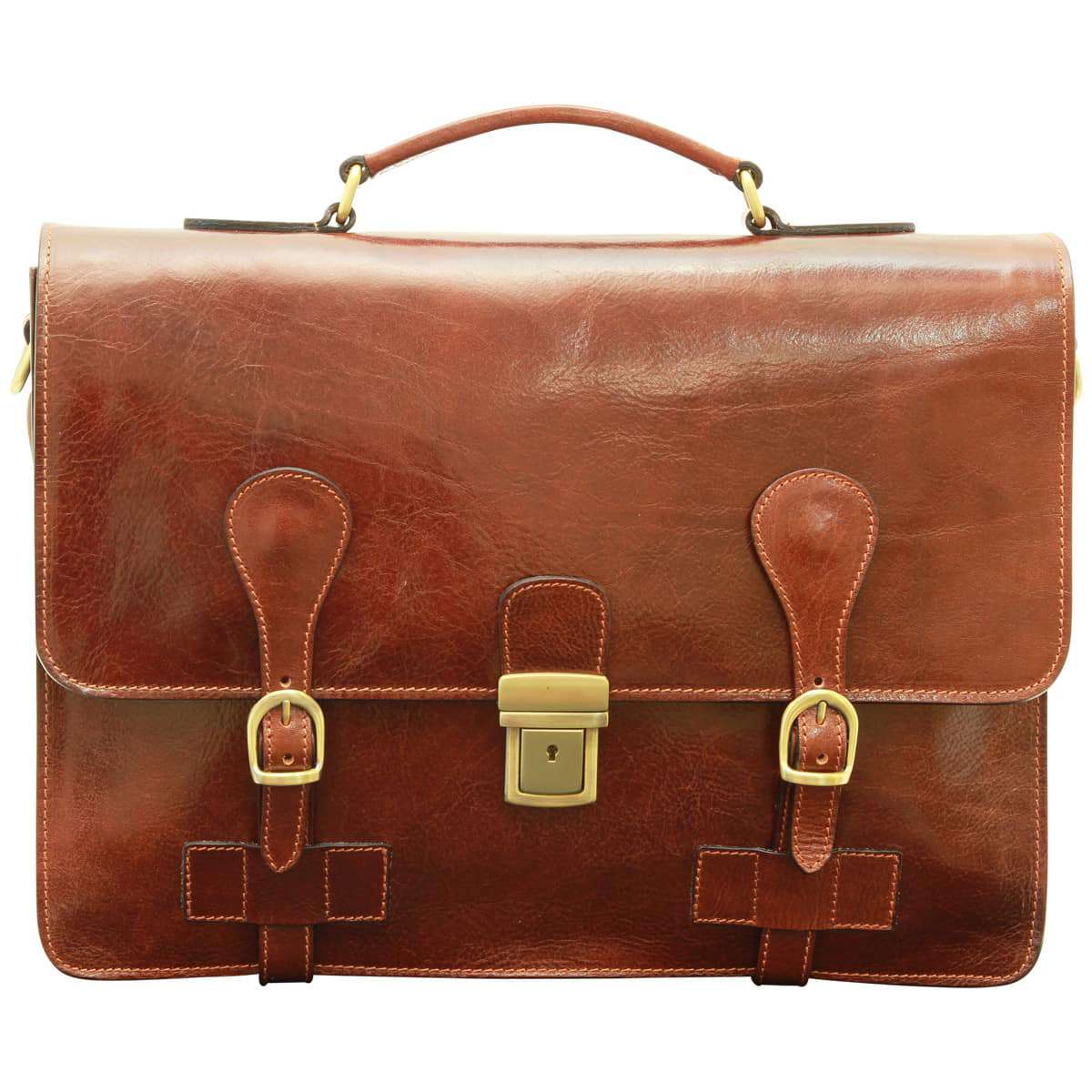 Leather Briefcase with buckle closures - Brown-1