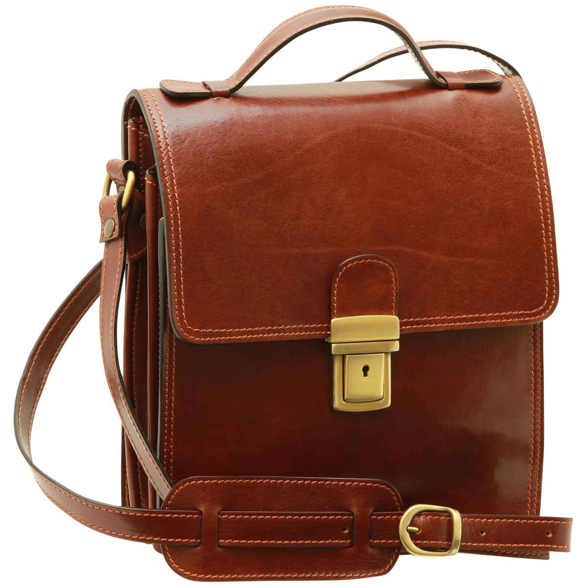 Leather Cross Body Satchel Bag - Brown-1