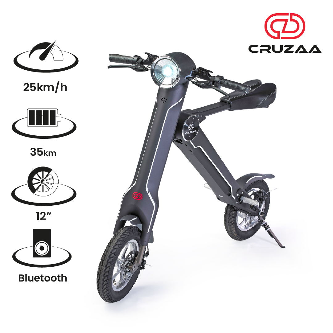 (LOWER FINAL PRICES ON OUR SITE!) The Cruzaa Electric Scooter - 35km Range & 25kmh Top Speed Cruzaa Built in Bluetooth & Speakers + USB