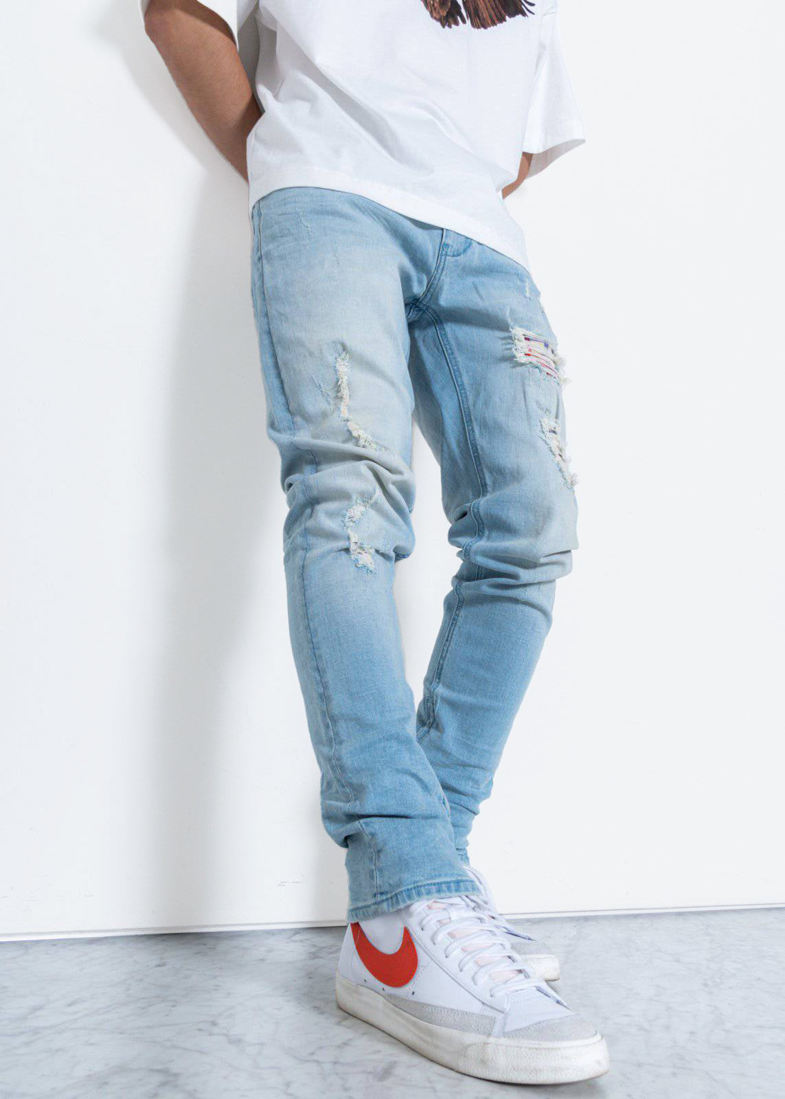 Men's Light Washed Denim With Repair Works - shopatkonus