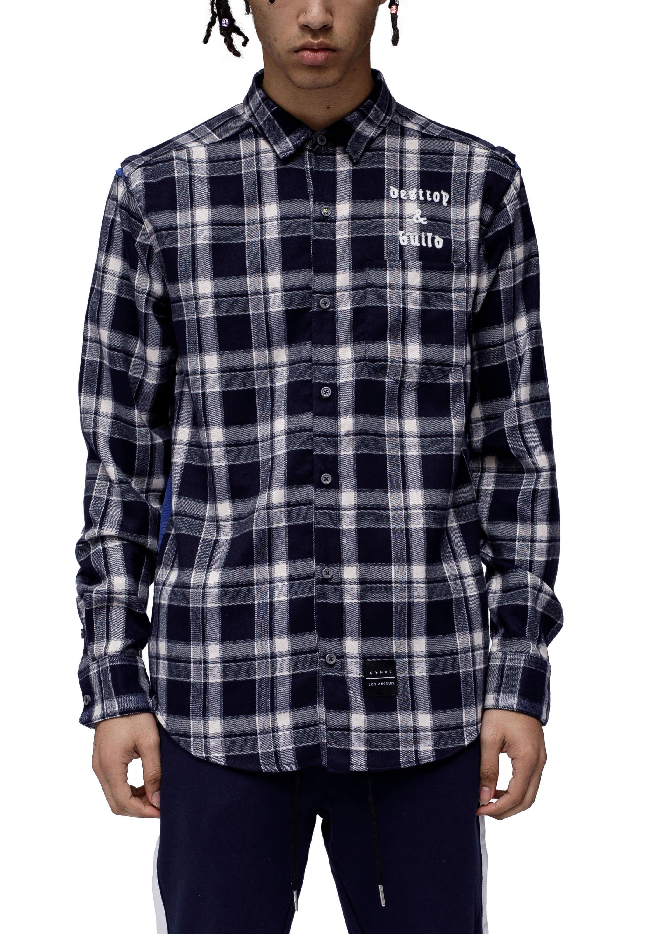 Konus Men's Plaid Flannel Shirt w/ Side Panels in Navy - shopatkonus