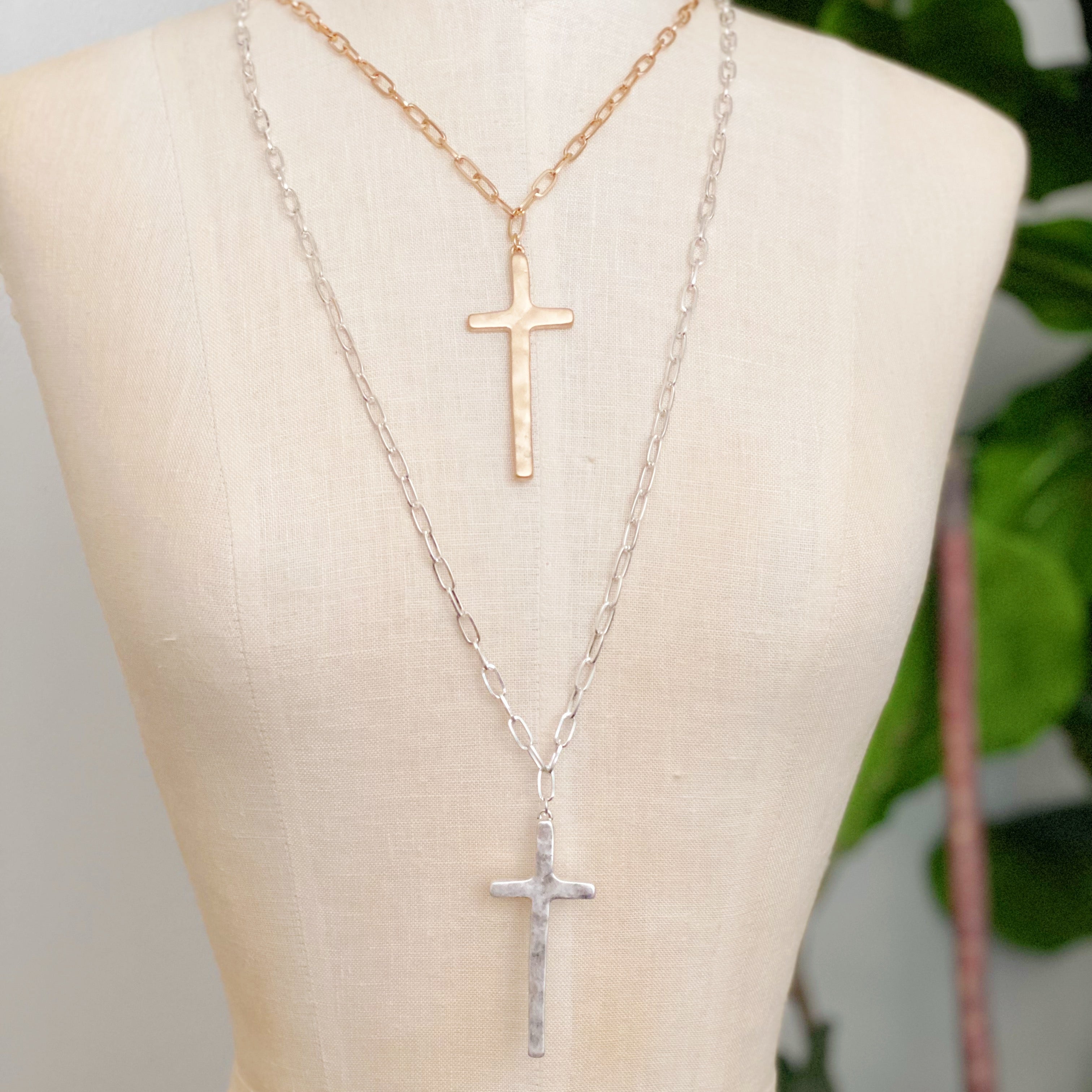 Hammered Cross Long Chain Necklace by Ellisonyoung.com