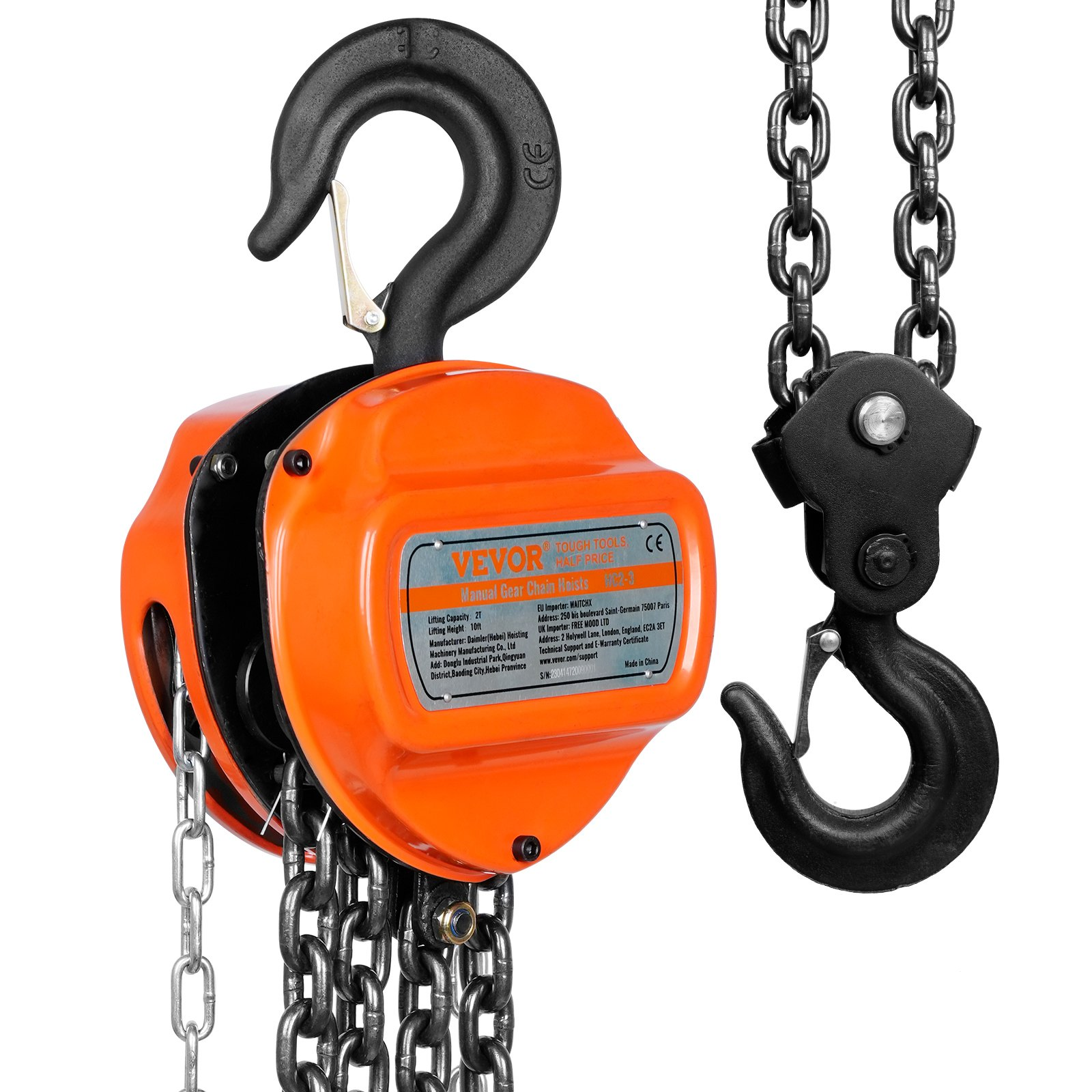 (FINAL PRICES ARE LOWER ON OUR SITE!) VEVOR  2 Ton Hand Chain Hoist 10 FT Come Along, 4400 lbs Capacity G80 Galvanized Carbon Steel with Double-Pawl Brake, Auto Chain Leading & 360° Rotation Hook, for Garage Factory Dock