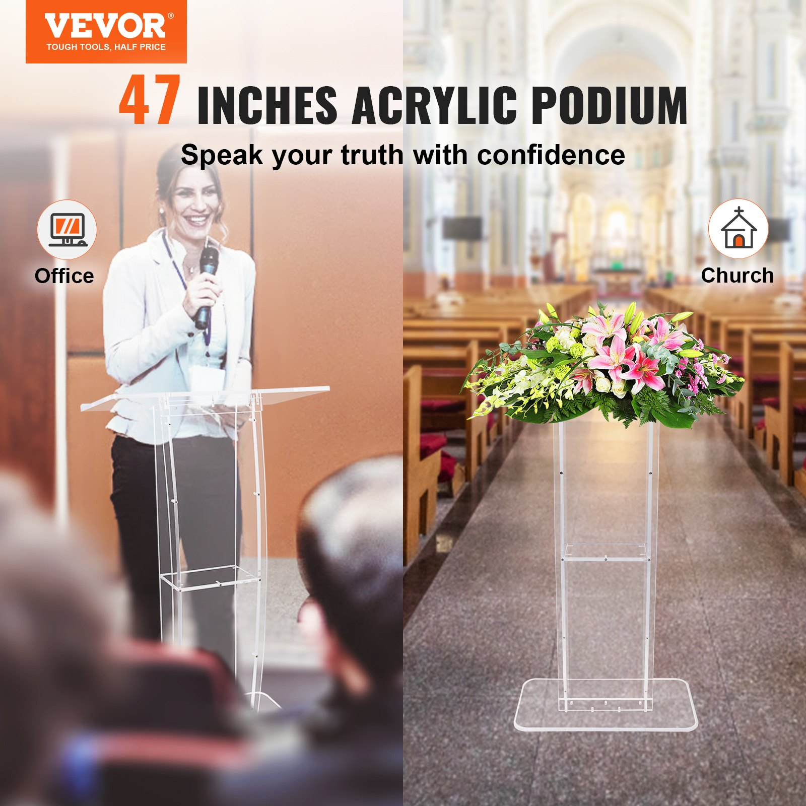 (FINAL PRICES ARE LOWER ON OUR SITE!) VEVOR Acrylic Podium, 47" Clear Acrylic Podium Stand with Wide Reading Surface & Storage Shelf, Floor-standing Clear Pulpits Acrylic for Church Office School