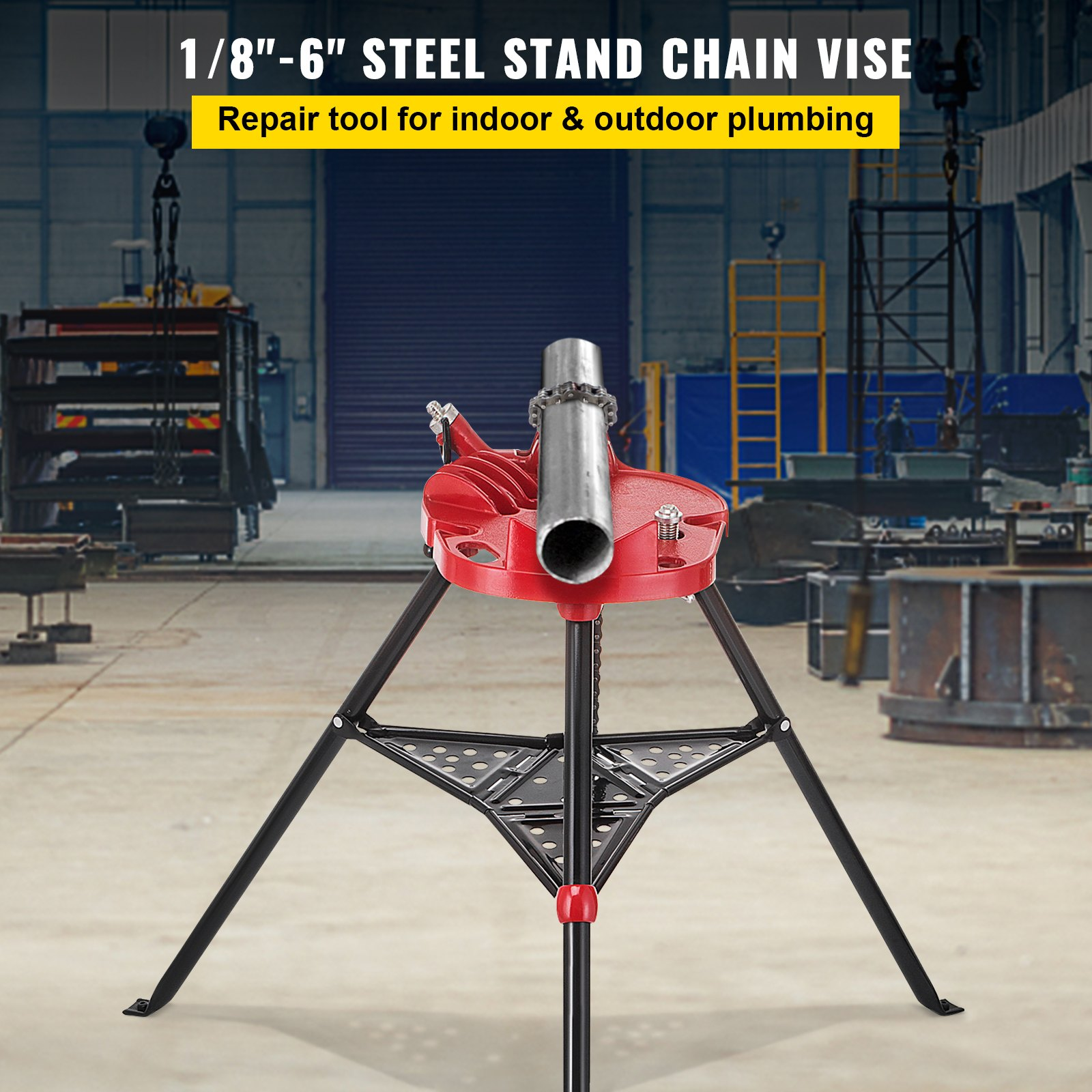 (FINAL PRICES ARE LOWER ON OUR SITE!) 6" Tripod Pipe Chain Vise Stand w/ Steel Legs & Rubber Mounts bib