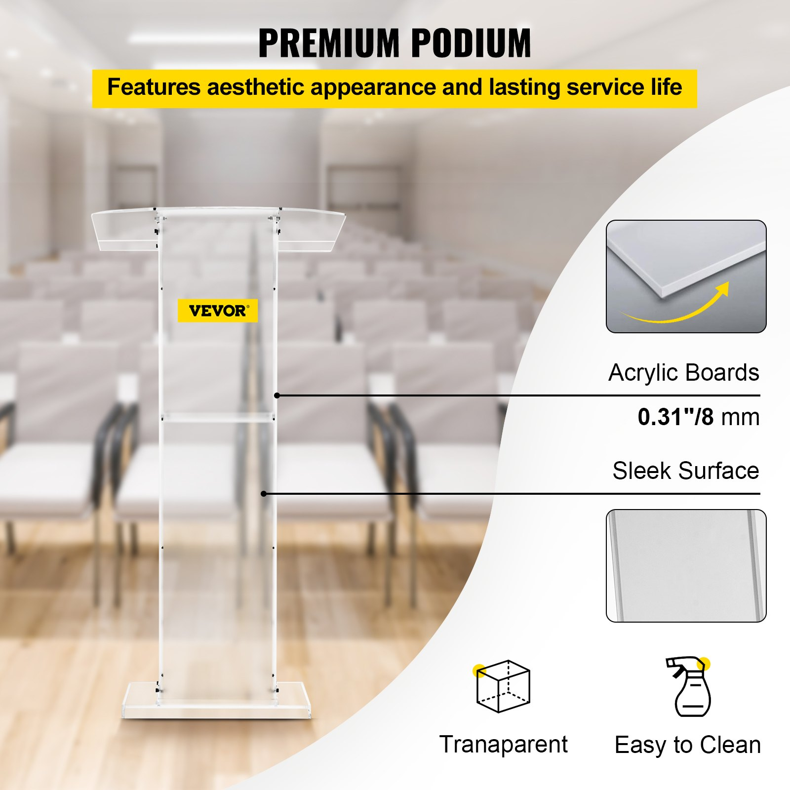 (FINAL PRICES ARE LOWER ON OUR SITE!) VEVOR Acrylic Podium 45" Tall Plexiglass Podium 26.8"x15" Table Acrylic Pulpits for Churches with 8 mm Thick Acrylic Board Acrylic Podiums and Lecterns Design for Lecture Recital Speech & Presentation