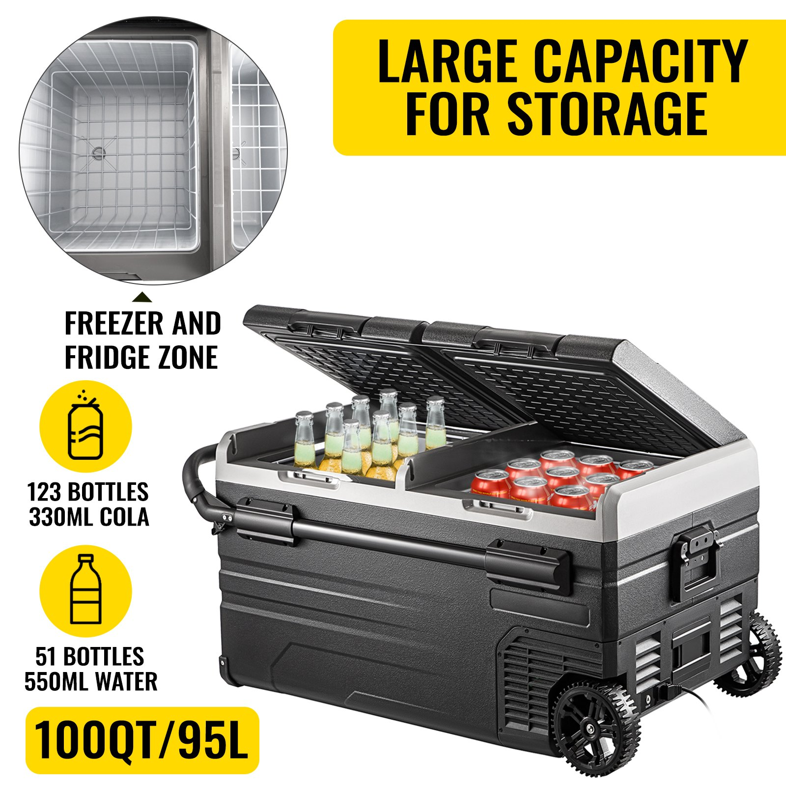 (FINAL PRICES ARE LOWER ON OUR SITE!) VEVOR Portable Car Freezer, 100 Quart Portable Refrigerator Freezer, 95L Dual Storage Zone Camping Freezer, -4?~68? 12 Volt Fridge Freezer, Car Freezer for Car and Home Use, DC 12/24V, AC 100-240V