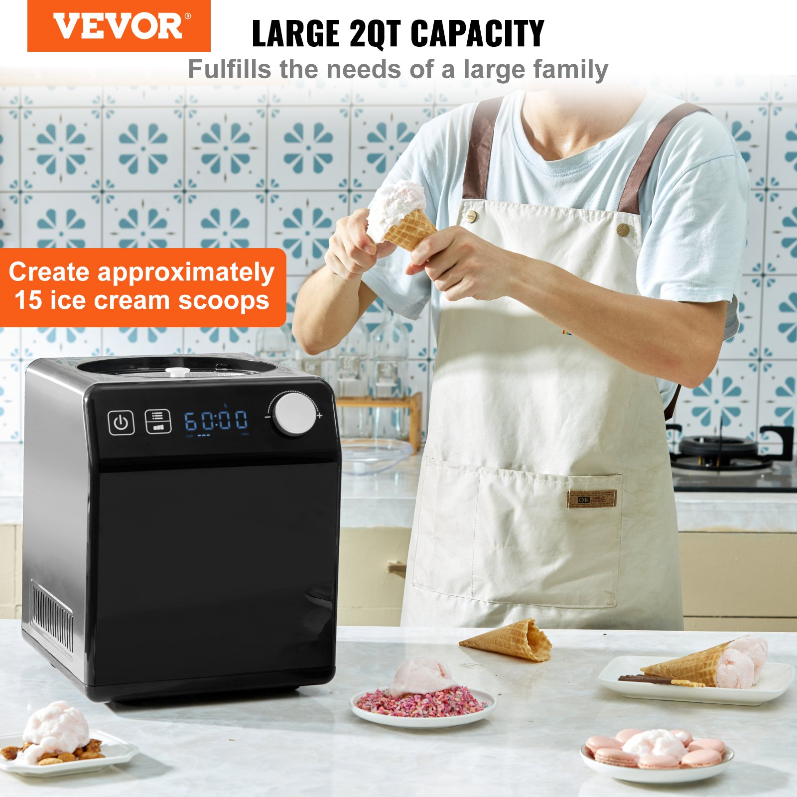 (FINAL PRICES ARE LOWER ON OUR SITE!) VEVOR Upright Automatic Ice Cream Maker with Built-in Compressor, 2 Quart No Pre-freezing Fruit Yogurt Machine, Stainless Steel Electric Sorbet Maker, 4 Modes Gelato Maker with Digital Display & Timer