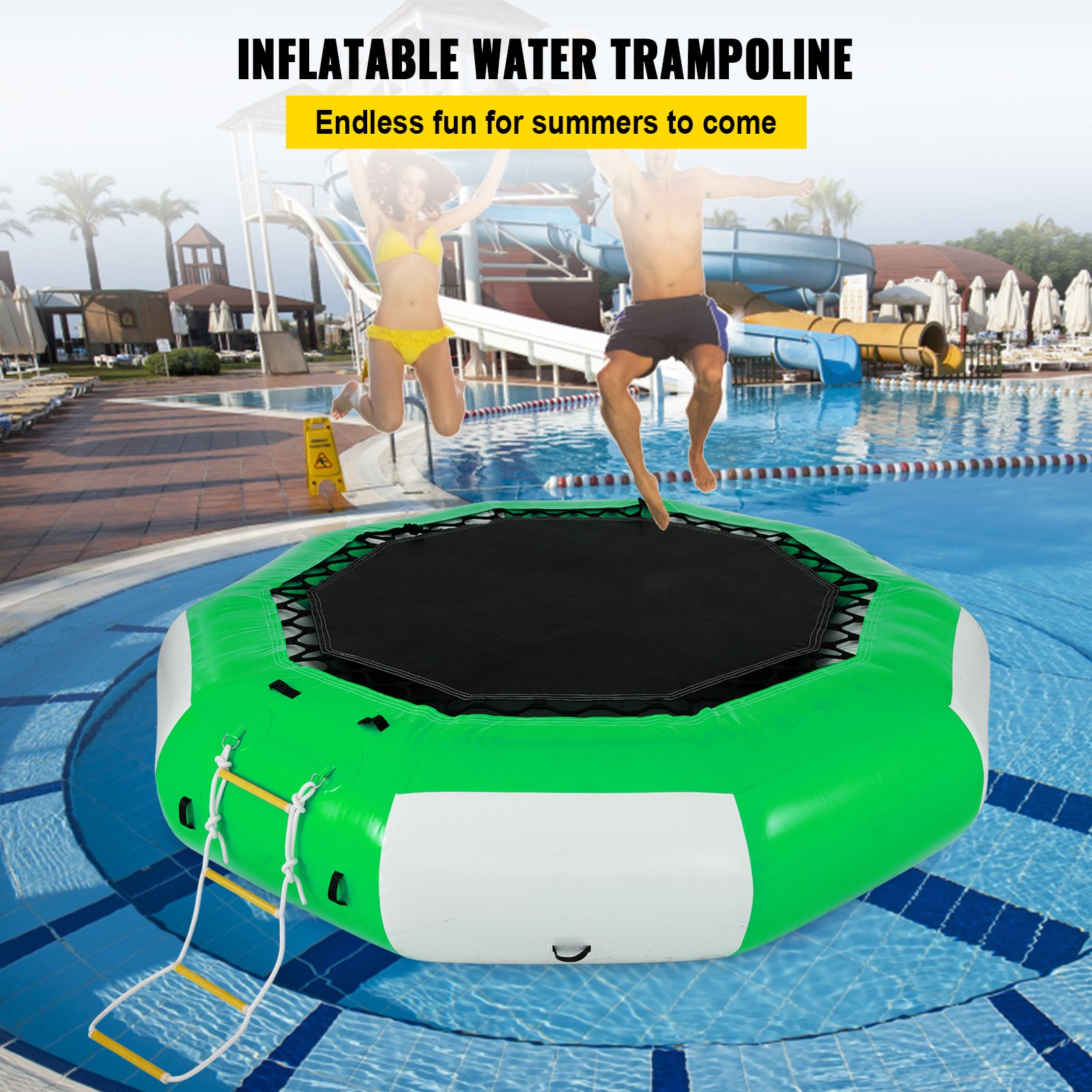 (FINAL PRICES ARE LOWER ON OUR SITE!) VEVOR Inflatable Water Trampoline 10FT , Round Inflatable Water Bouncer with 4-Step Ladder, Water Trampoline in Green and White for Water Sports.