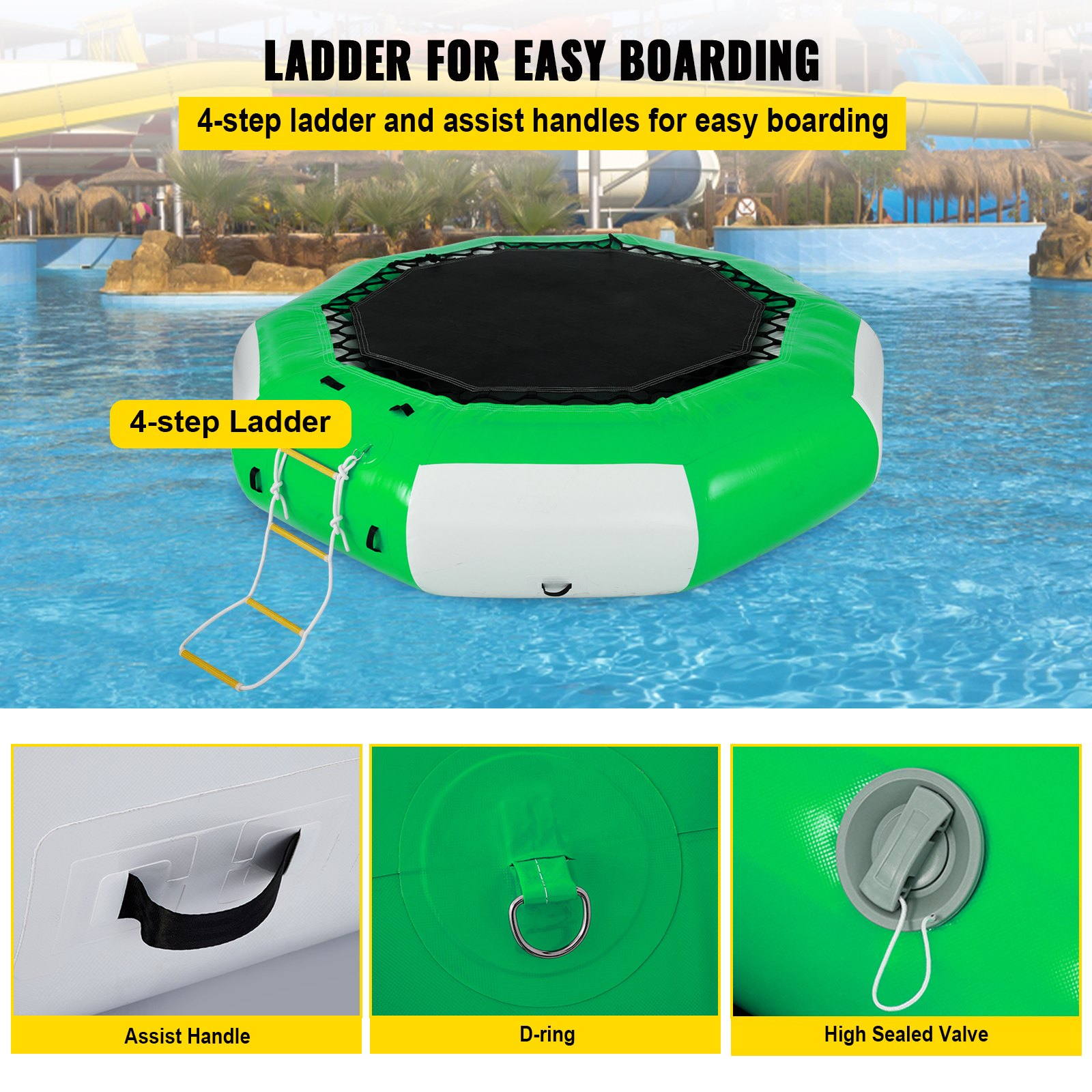 (FINAL PRICES ARE LOWER ON OUR SITE!) VEVOR Inflatable Water Trampoline 10FT , Round Inflatable Water Bouncer with 4-Step Ladder, Water Trampoline in Green and White for Water Sports.