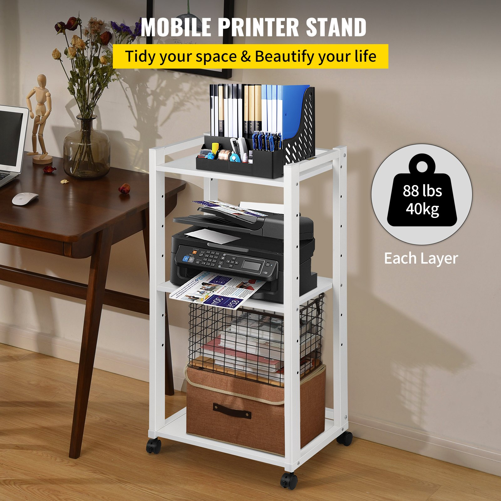 (FINAL PRICES ARE LOWER ON OUR SITE!) VEVOR Printer Stand, 3-Tier Rolling Printer Cart, Adjustable Storage Shelf Rack on Lockable Wheels, 19.69x 13.78x 42 inch Printer Table for Home Office Small Spaces Organization, White