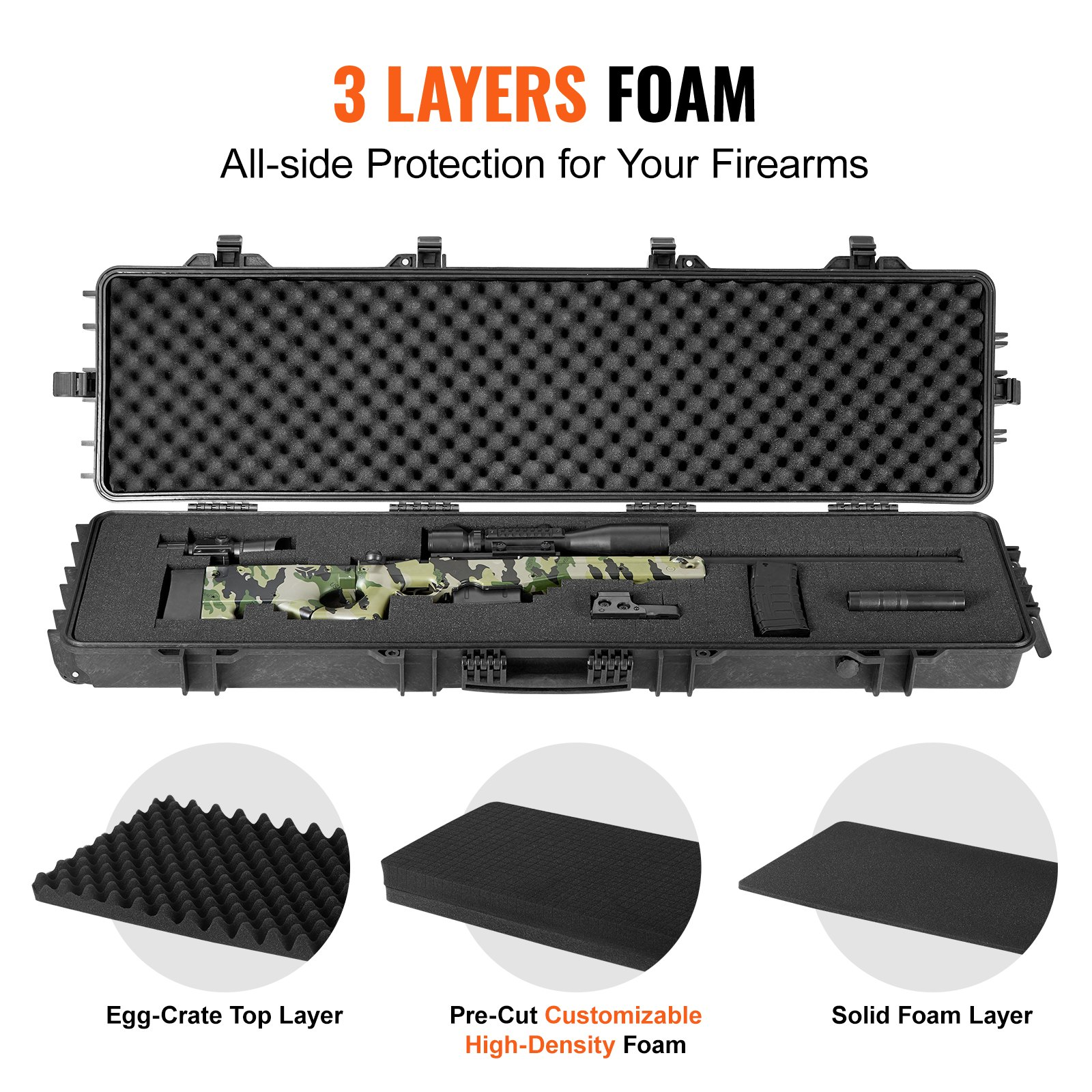 (FINAL PRICES ARE LOWER ON OUR SITE!) VEVOR Tactical Range Case, Outdoor Tactical Hard Case with 3 Layers Fully-protective Foams, 50 inch lockable Hard Tactical Range Case with Wheels, IP67 Waterproof & Crushproof
