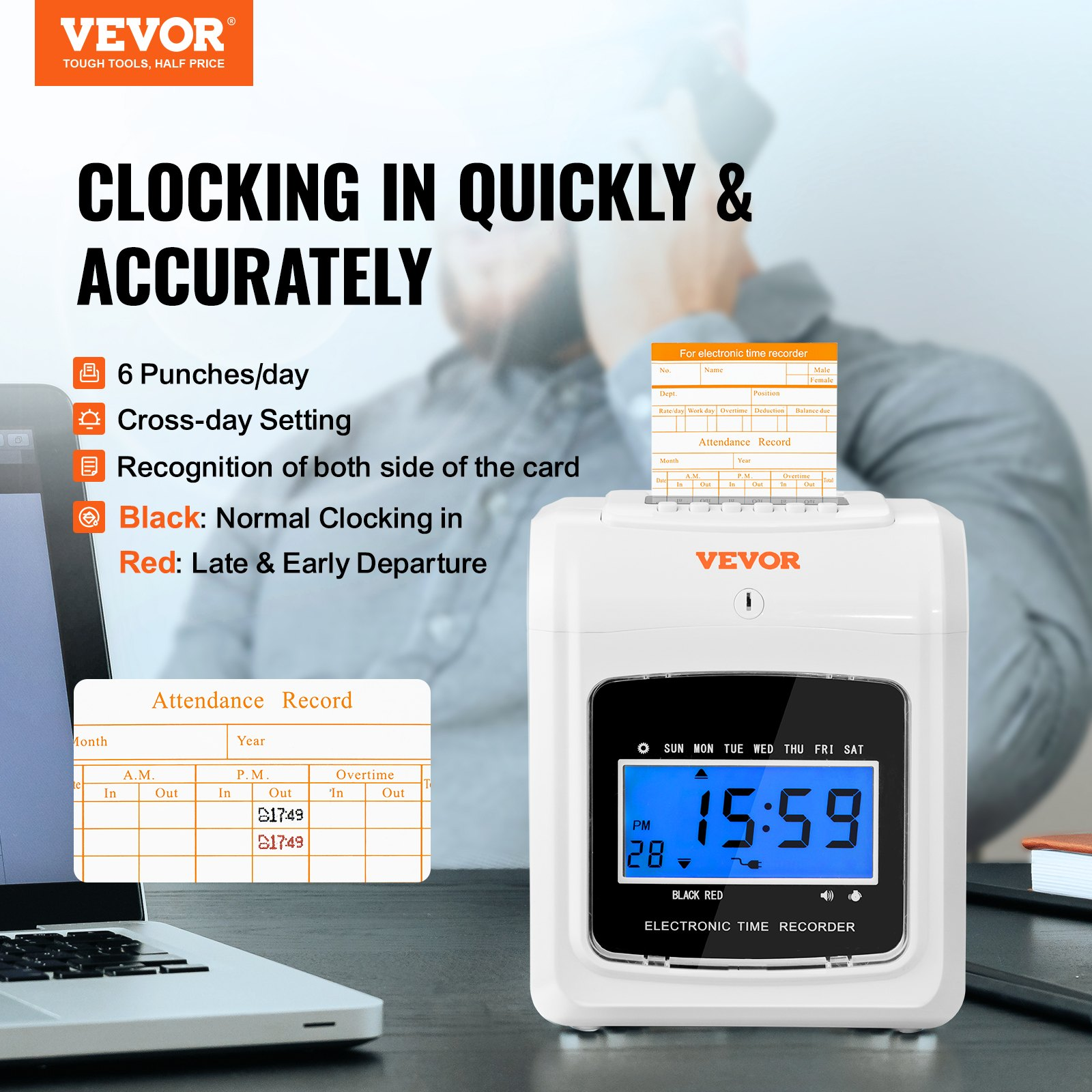 (FINAL PRICES ARE LOWER ON OUR SITE!) VEVOR Punch Time Clock, Time Tracker Machine for Employees of Small Business, 6 Punches per Day, Time Clock Punch Machine Includes 102 Time Cards, 1 Ink Ribbon and 2 Security Keys