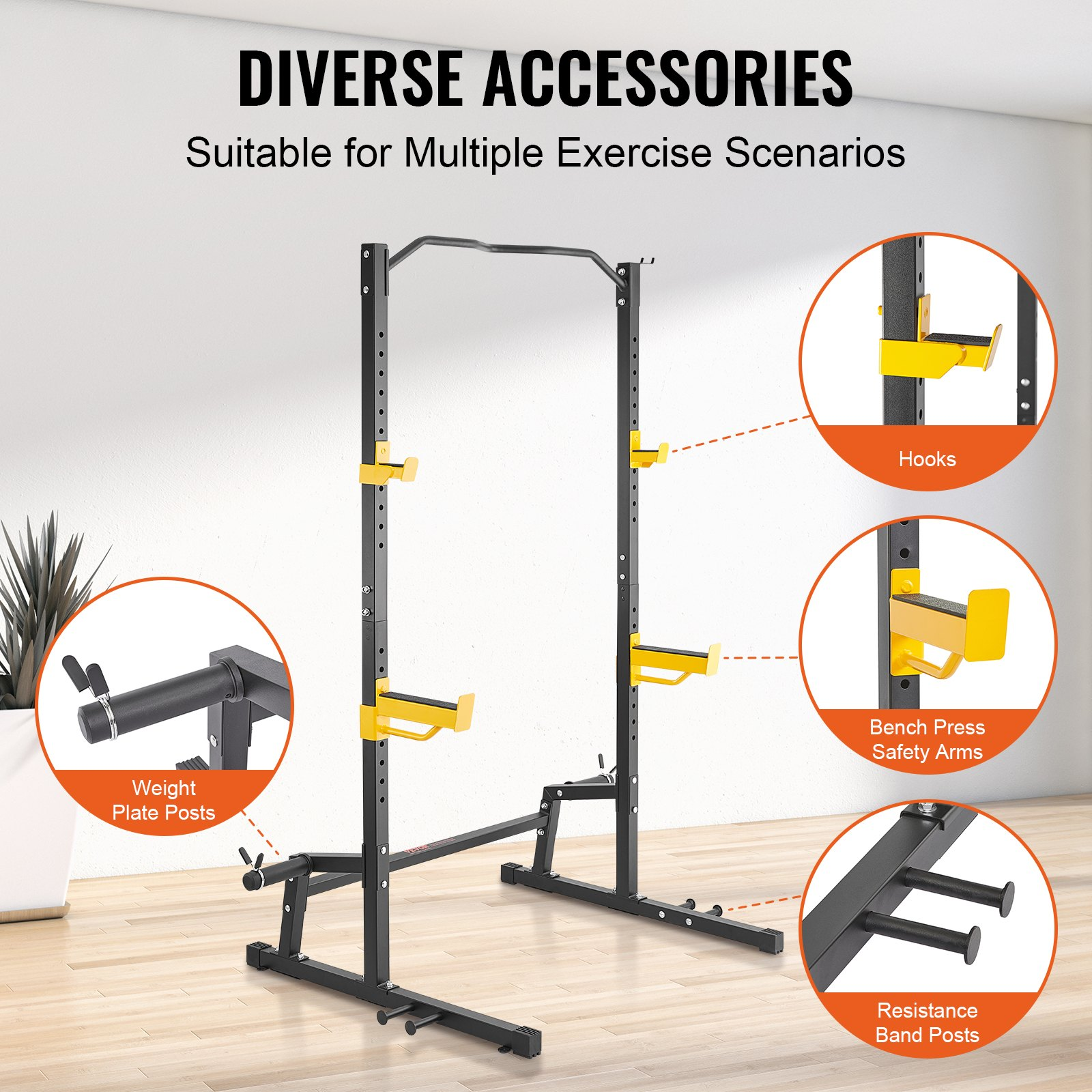 (FINAL PRICES ARE LOWER ON OUR SITE!) VEVOR Squat Stand Power Rack, Multi-Functional Power Rack with Pull up Bar, Hook, and Weight Plate Storage Attachment, Adjustable Power Rack Cage, Steel Exercise Squat Stand for Home Gym Equipment