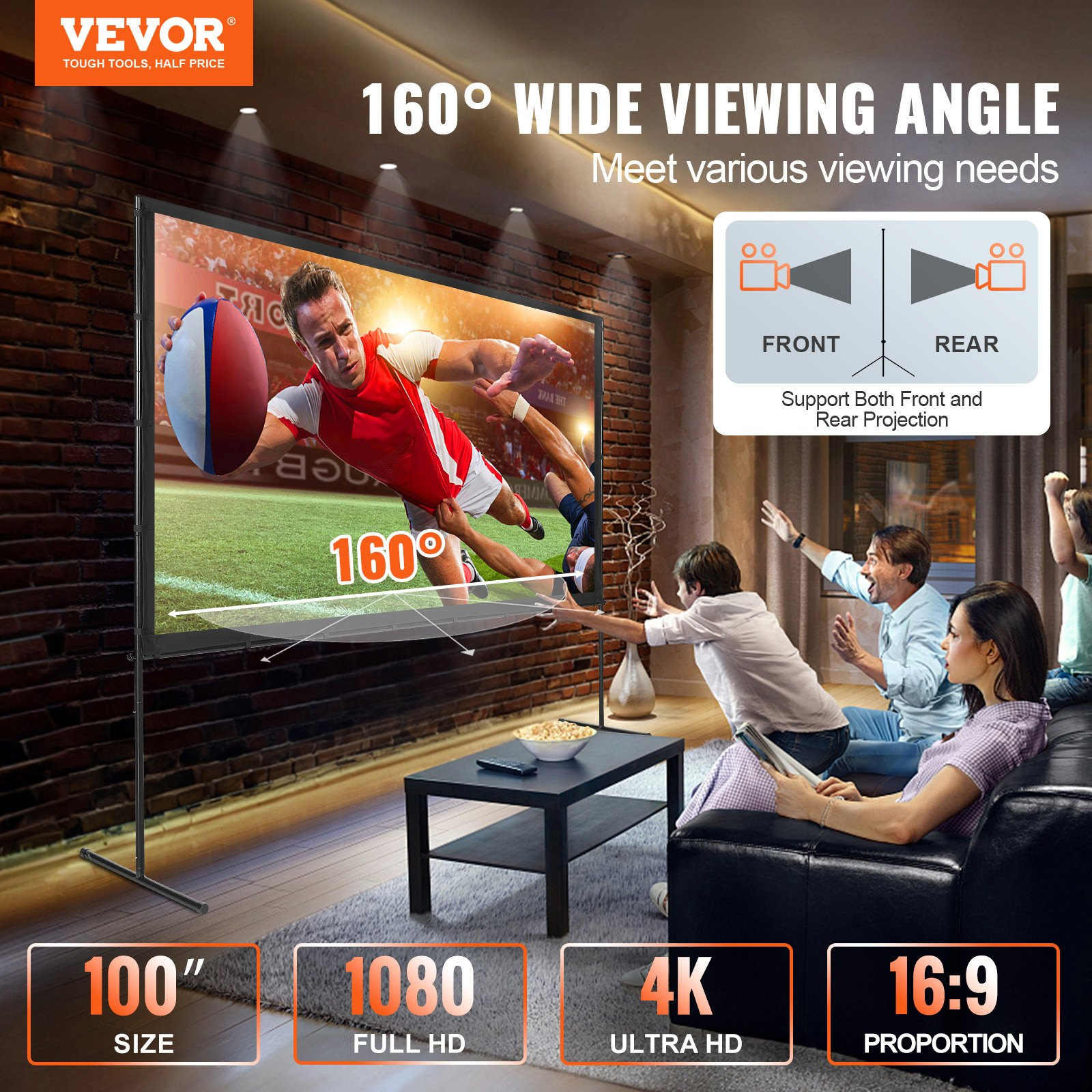 (FINAL PRICES ARE LOWER ON OUR SITE!) VEVOR Projector Screen with Stand, 100 inch 16:9 4K 1080 HD Outdoor Movie Screen with Stand, Wrinkle-Free Projection Screen with Bar Feet and Carry Bag, for Home Theater Cinema Backyard Movie Night