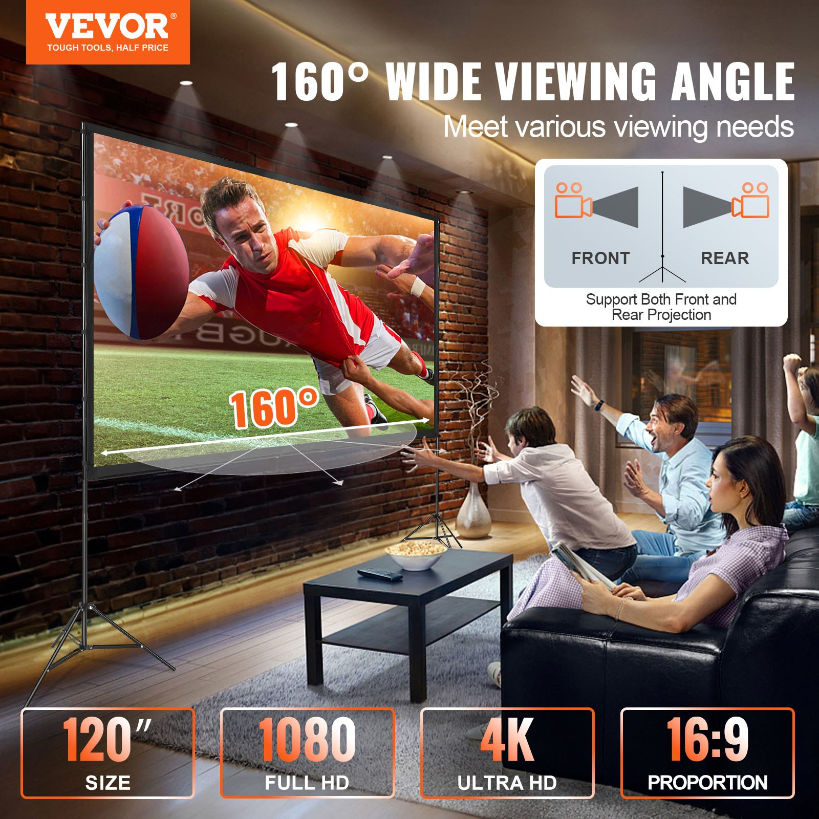 (FINAL PRICES ARE LOWER ON OUR SITE!) VEVOR Projector Screen with Stand, 120 inch 16:9 4K 1080 HD Outdoor Movie Screen with Stand, Wrinkle-Free Projection Screen with Tripods and Carry Bag, for Home Theater Cinema Backyard Movie Night