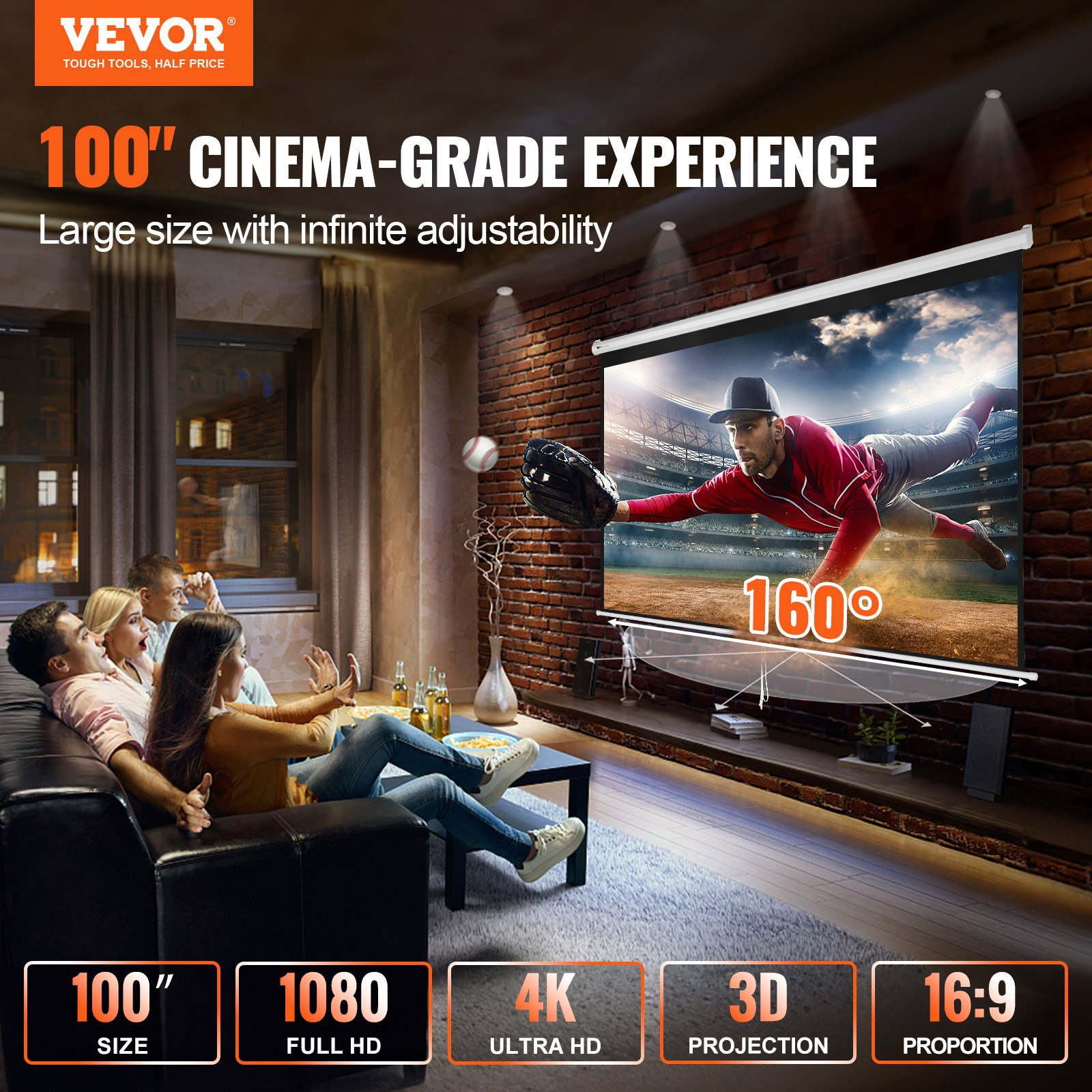 (FINAL PRICES ARE LOWER ON OUR SITE!) VEVOR Manual Projector Screen, 100 inch 16:9 4K 1080 HD Retractable Pull Down Projector Screen, Auto-Locking Portable Movie Screen for Family Home Office Theater