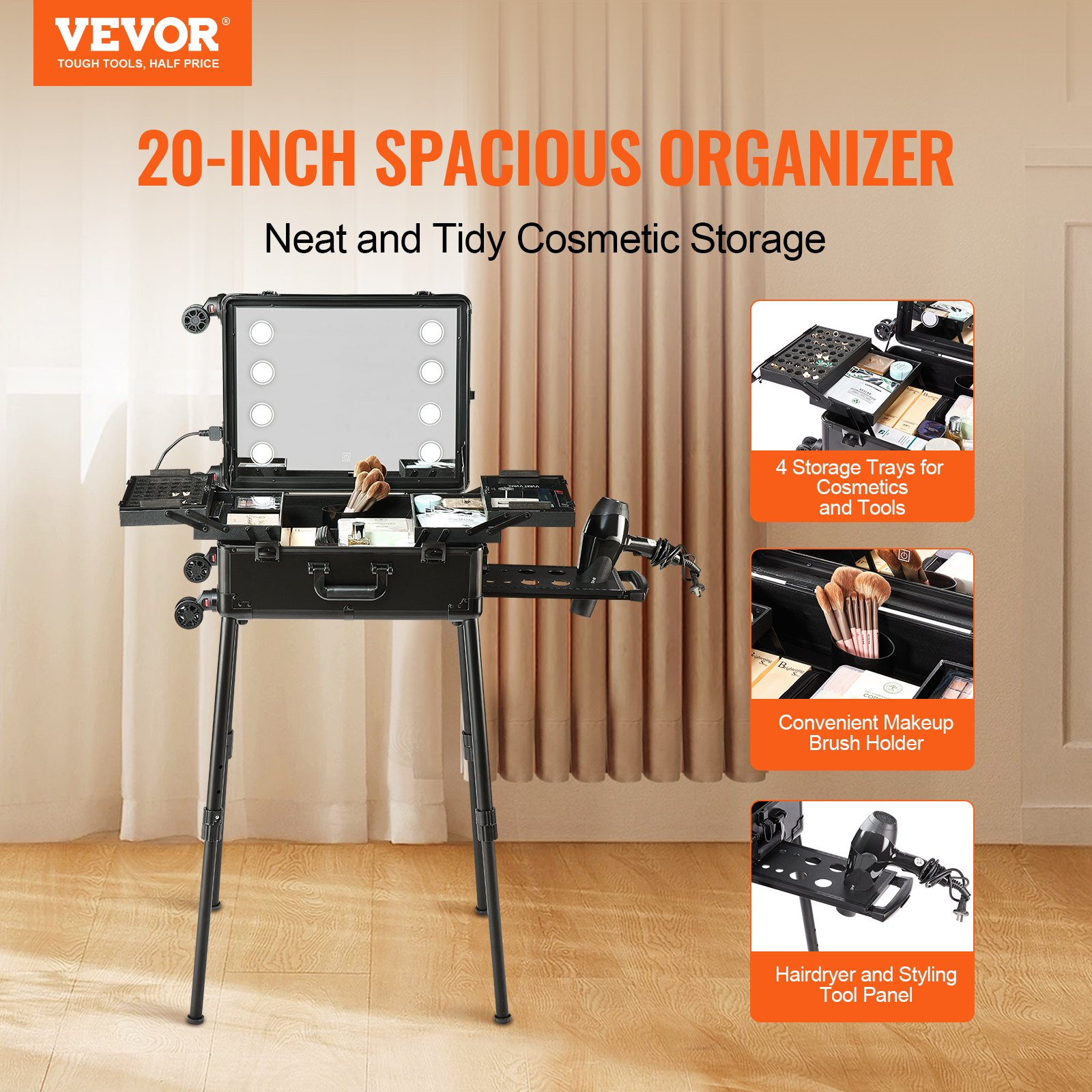 (FINAL PRICES ARE LOWER ON OUR SITE!) VEVOR Makeup Train Case with Lock, Lighted Mirror, 4 Storage Trays, Brush Holder, Speaker Travel Cosmetic Organizer Box w/ Swivel Wheels, Professional Artist Trolley Studio Free Standing Case