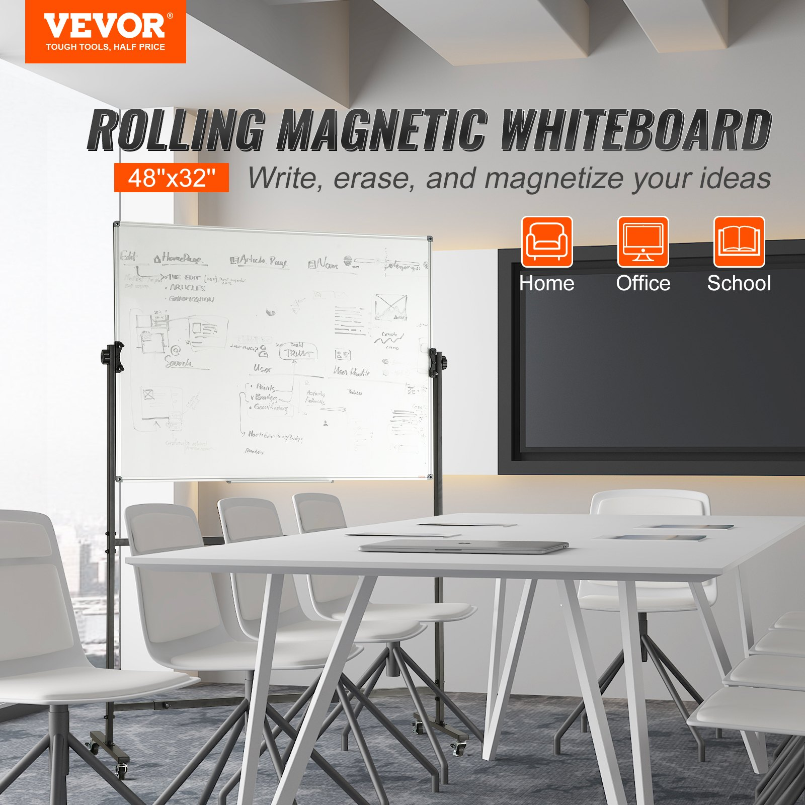 (FINAL PRICES ARE LOWER ON OUR SITE!) VEVOR Rolling Whiteboard, 48x32 inch Double-Sided Magnetic Mobile Whiteboard, 360° Reversible Adjustable Height Dry Erase Board with Wheels & Movable Tray for Office School