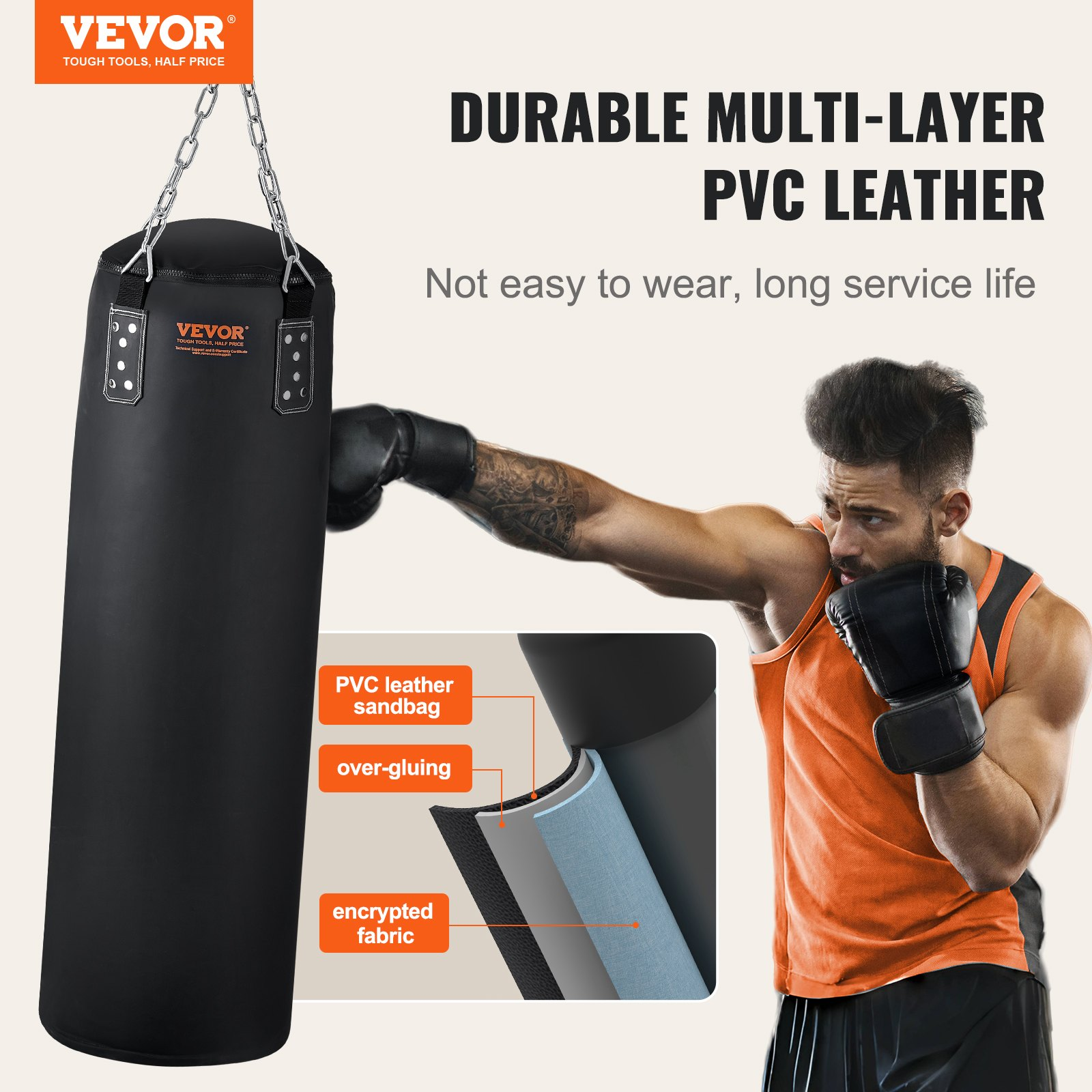 (FINAL PRICES ARE LOWER ON OUR SITE!) VEVOR Punching Bag for Adults, 4ft PVC Heavy Boxing Bag Set, Punching Bag with Chains and Gloves, Hanging Boxing Bag for MMA Karate Judo, Muay Thai Kickboxing Boxing, Home Gym Training, (Unfilled)