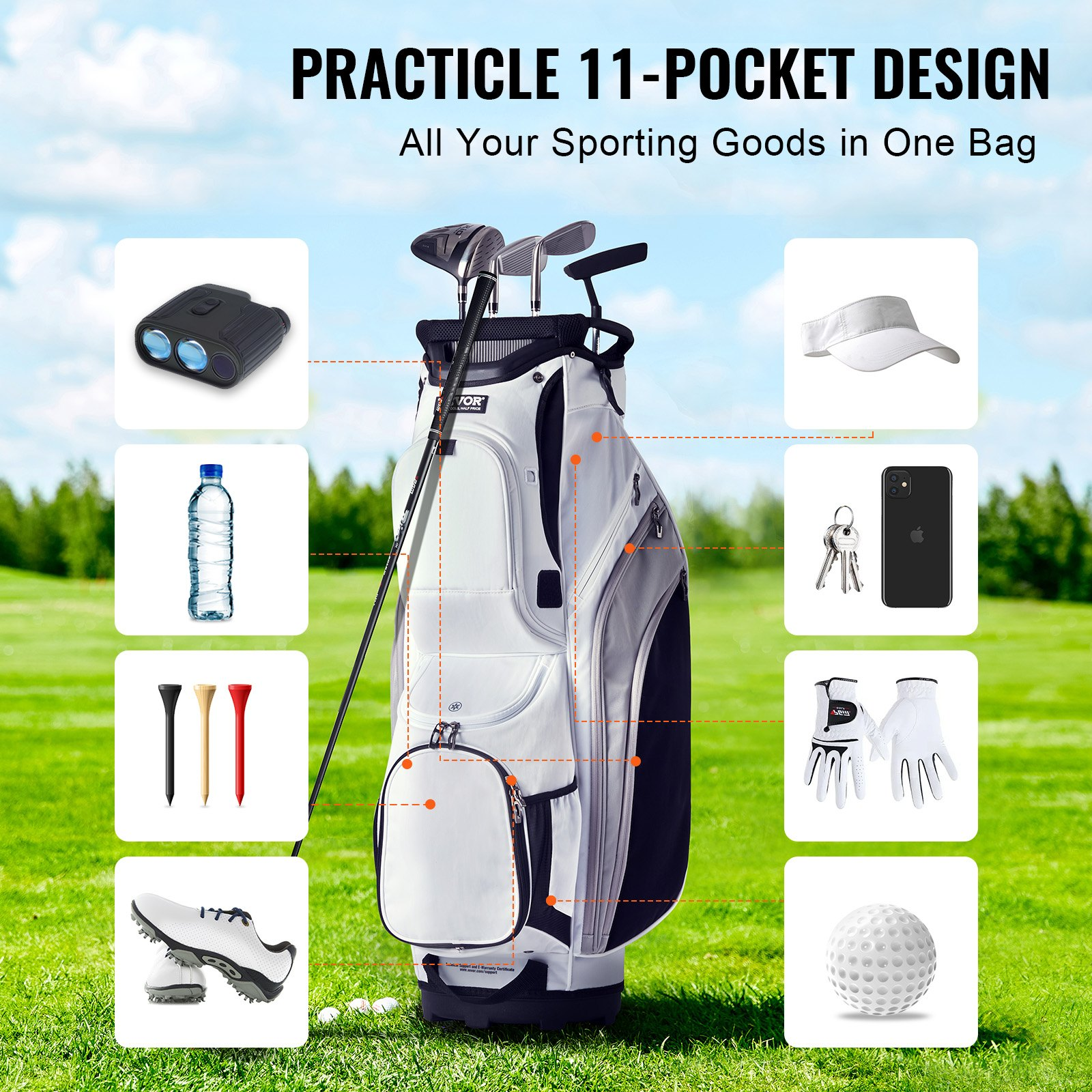 (FINAL PRICES ARE LOWER ON OUR SITE!) VEVOR Golf Cart Bag with 14 Way Organizer Divider Top, 36 13 Pockets Premium Nylon Cart Bag, Durable Golf Bags with Handles & Dust Cover & Detachable Straps for Men & Women, White Color-Block