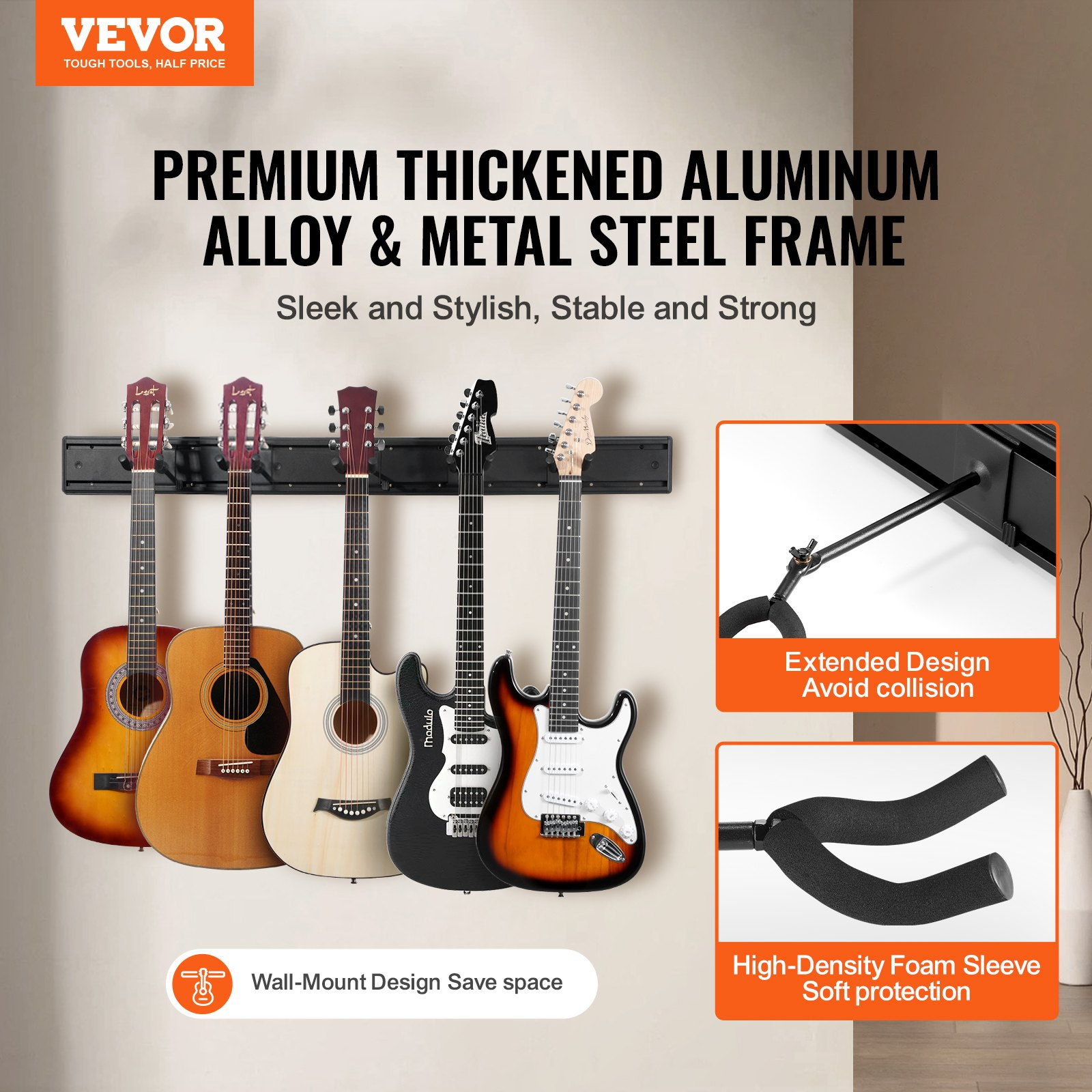 (FINAL PRICES ARE LOWER ON OUR SITE!) 5-Space Guitar Stand Wall-Mounted Foldable Rack Hold Up to 5 Guitars