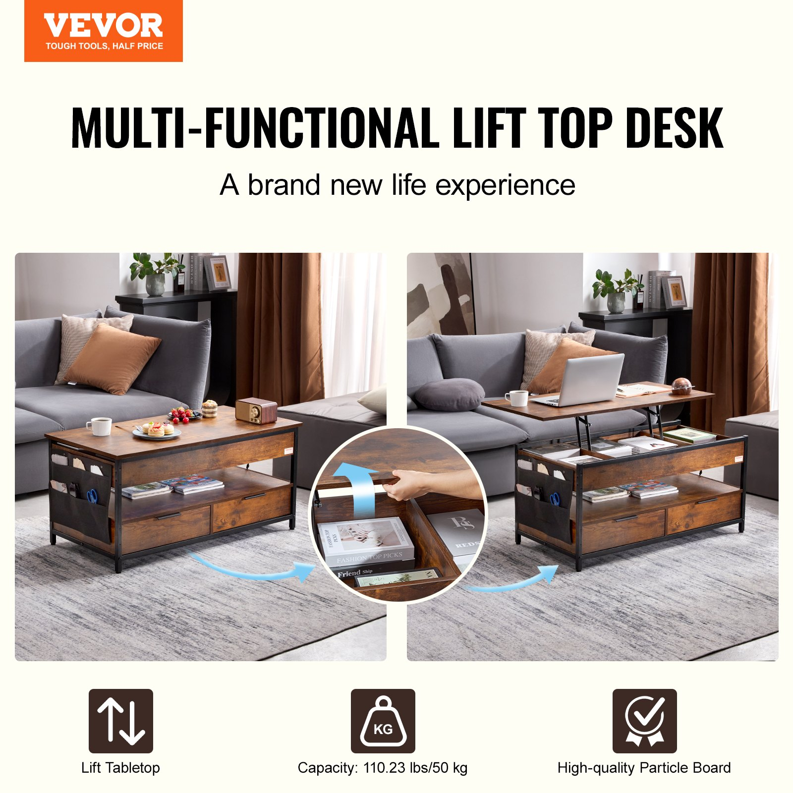 (FINAL PRICES ARE LOWER ON OUR SITE!) VEVOR Lift Top Coffee Table 39.4" Rectangle Coffee Table with Light & USB Brown