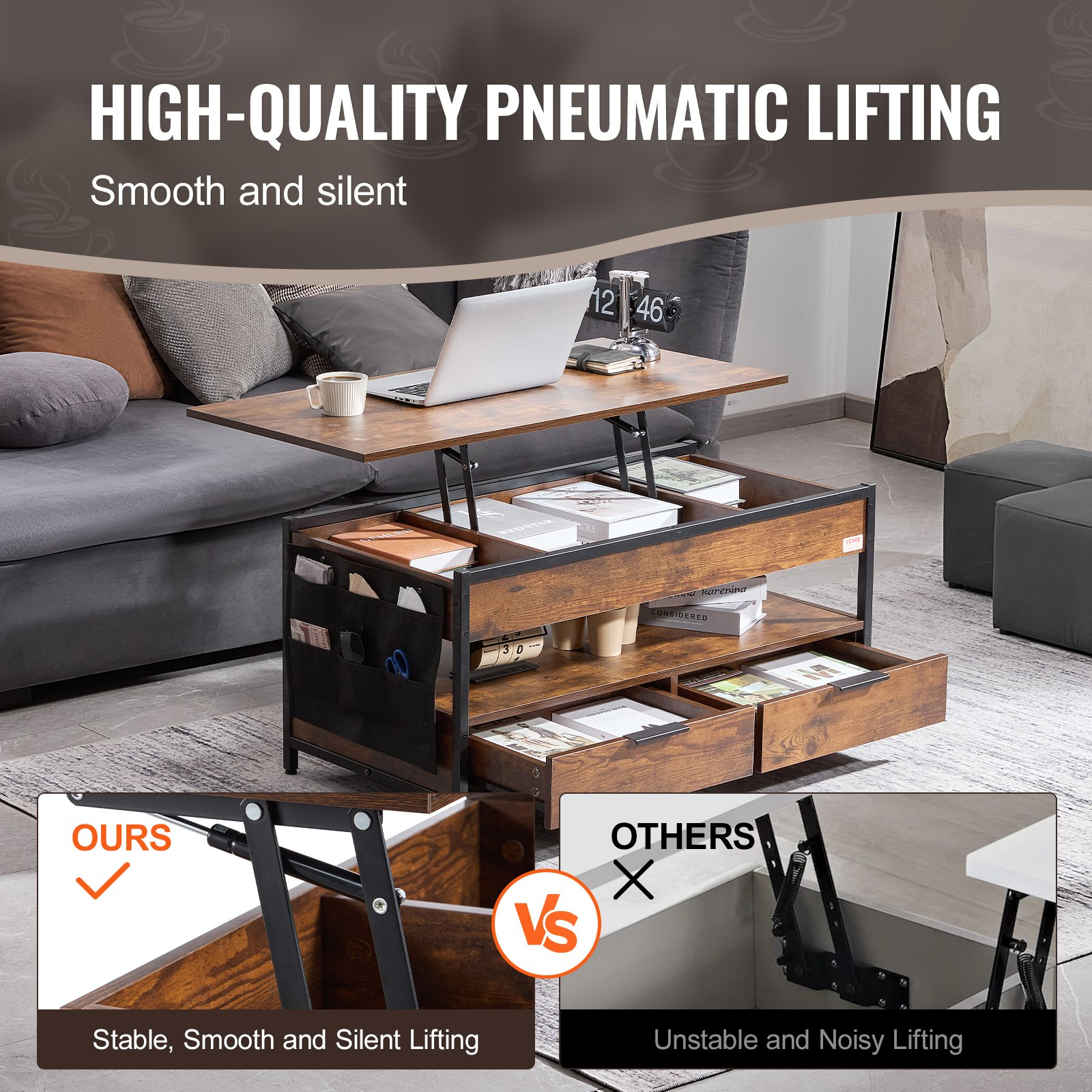 (FINAL PRICES ARE LOWER ON OUR SITE!) VEVOR Lift Top Coffee Table 39.4" Rectangle Coffee Table with Light & USB Brown