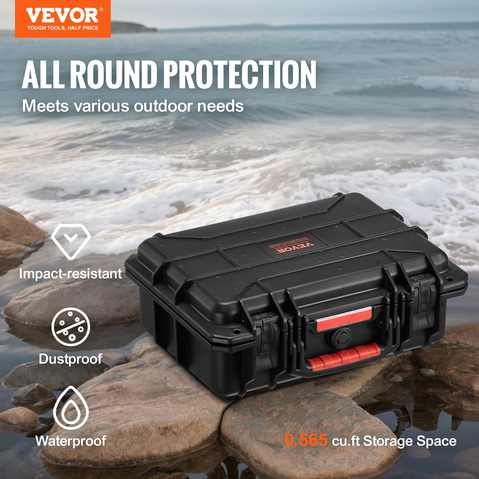 (FINAL PRICES ARE LOWER ON OUR SITE!) VEVOR 0.56 Cu.ft Weatherproof Hard Case with Handle Clips Padlock Holes PU Foam Protect Pistol, Microphone, and Camera Equipment