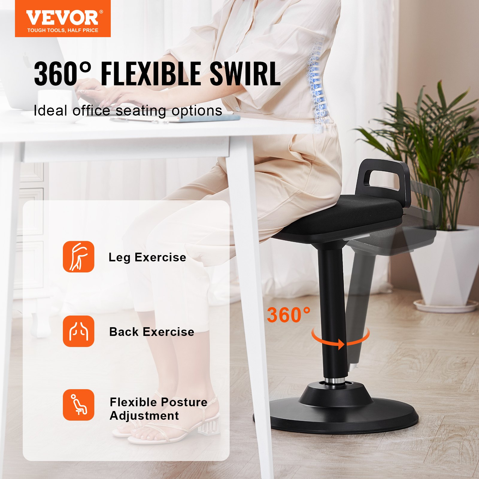 (FINAL PRICES ARE LOWER ON OUR SITE!) VEVOR Wobble Chair Height-Adjustable (24.6-34.4") Active Chair with Handle Black