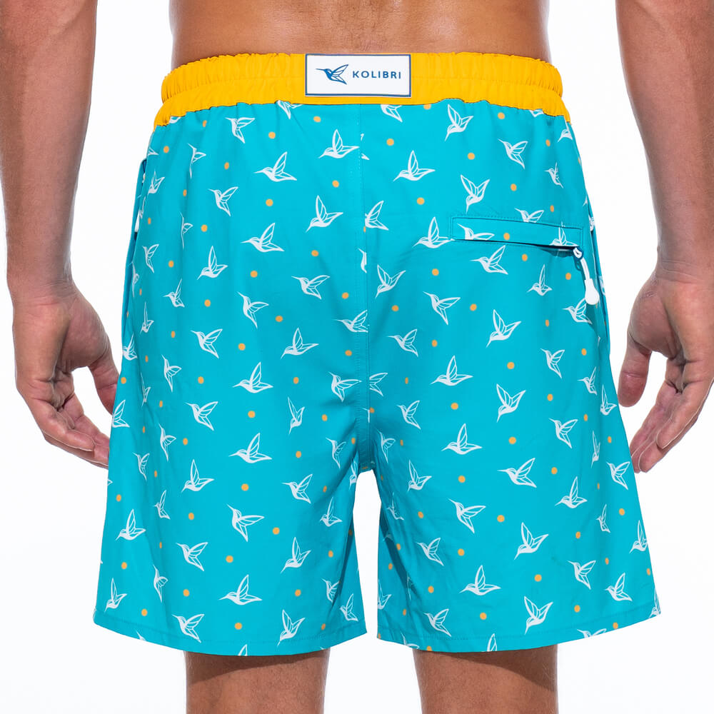 Mens Luxury Swim Trunks | Kolibri Monogram in Aquamarine by Live Kolibri