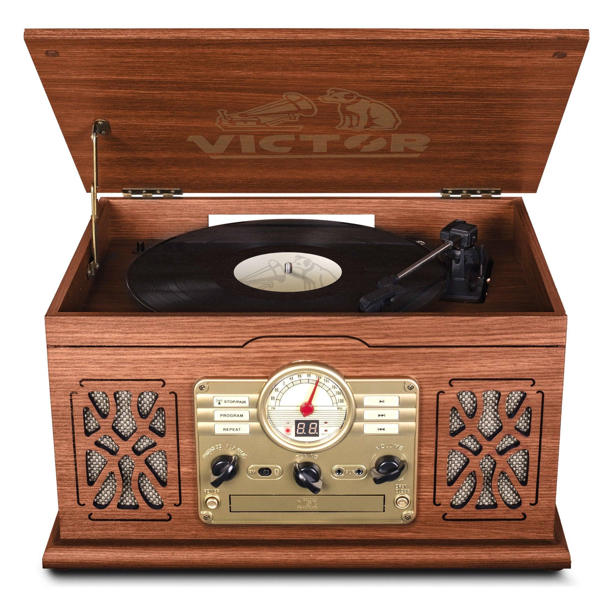 State 7-in-1 Wood Music Center with 3-Speed Turntable & Dual Bluetooth