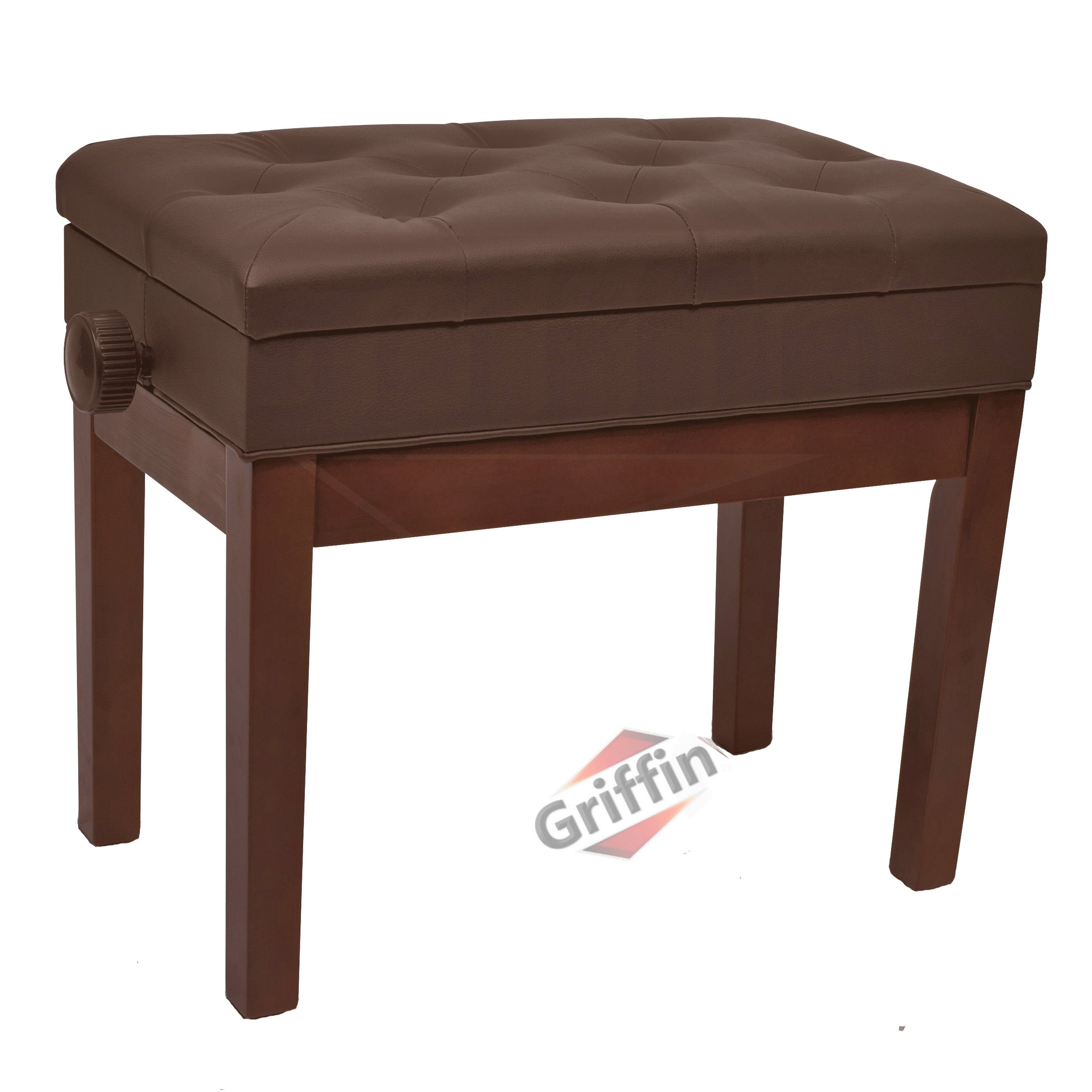 Adjustable Piano Brown PU Leather Bench by GRIFFIN - Vintage Stylish Design, Heavy-Duty & Ergonomic Keyboard Stool - Comfortable Seat & Hidden Storage by GeekStands.com