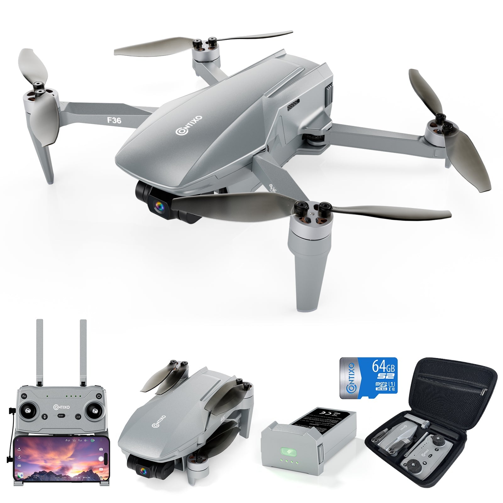 Contixo F36 FPV Drone - Foldable, 4K HD Camera, 64GB Card & Case