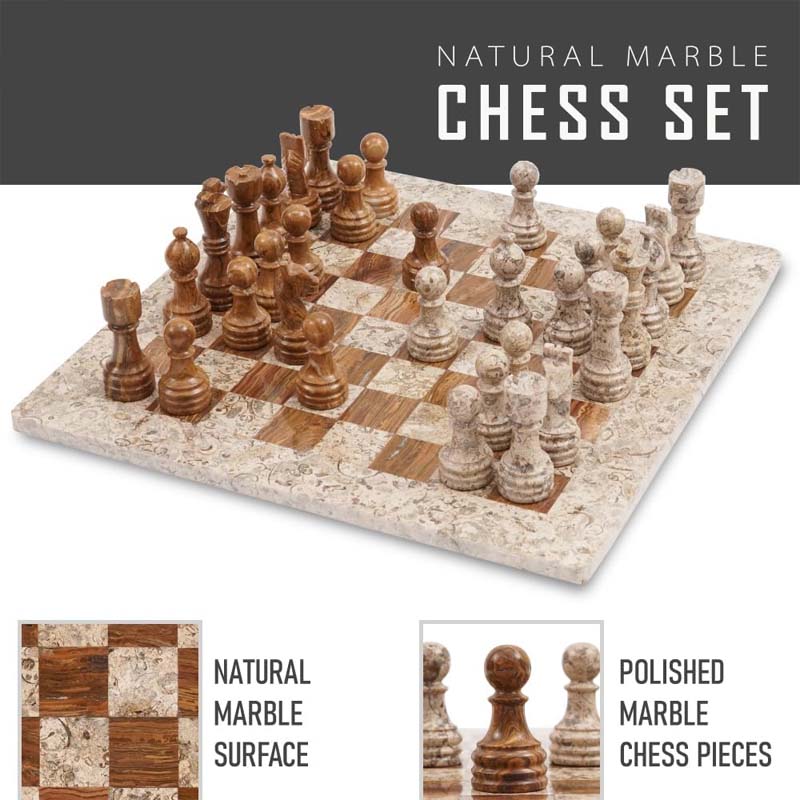 Fossil Coral and Dark Brown 15 Inches High Quality Marble Chess Set-2