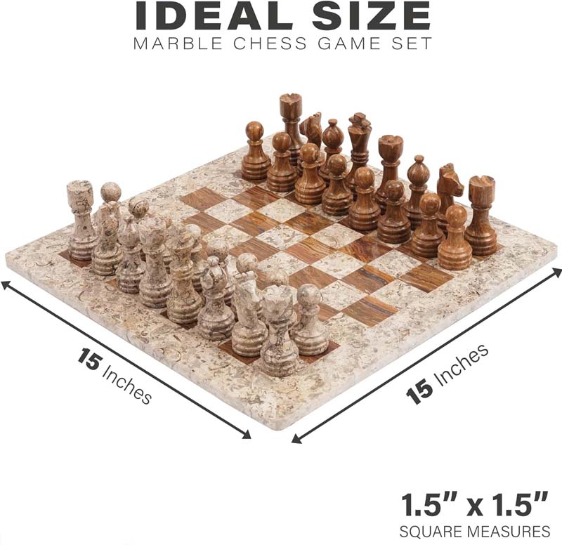 Fossil Coral and Dark Brown 15 Inches High Quality Marble Chess Set-3