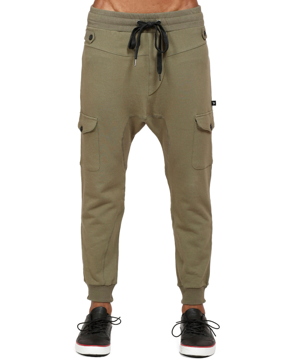 Men's Drop Crotch Cargo Pockets Sweatpants in Olive - shopatkonus