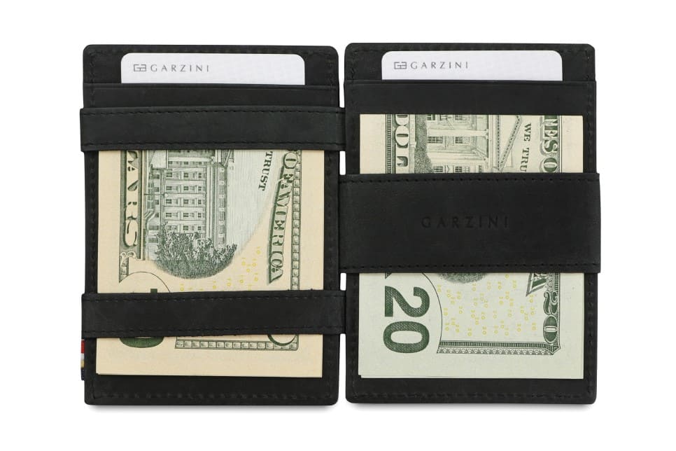 Open view of Essenziale Magic Wallet Brushed in Brushed Black with money inside.