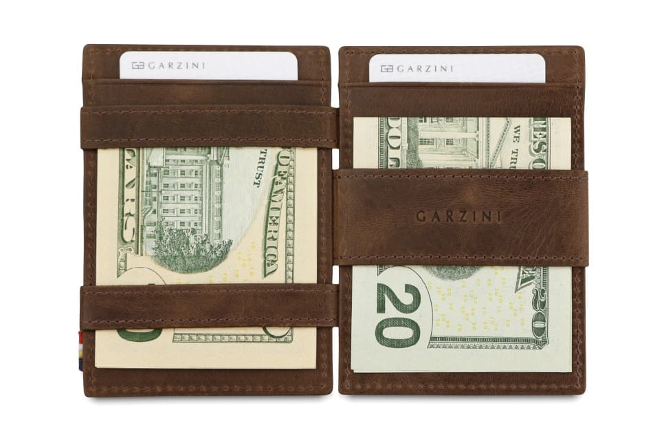 Open view of Essenziale Magic Wallet Brushed in Brushed Brown with money inside.