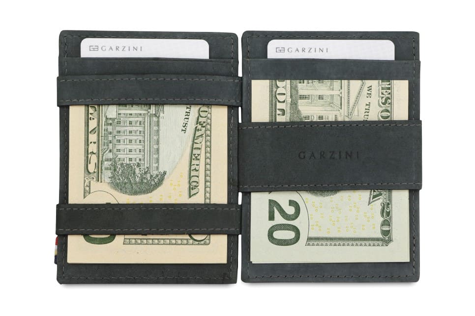 Open view of Essenziale Magic Wallet Vintage in Carbon Black with money inside.
