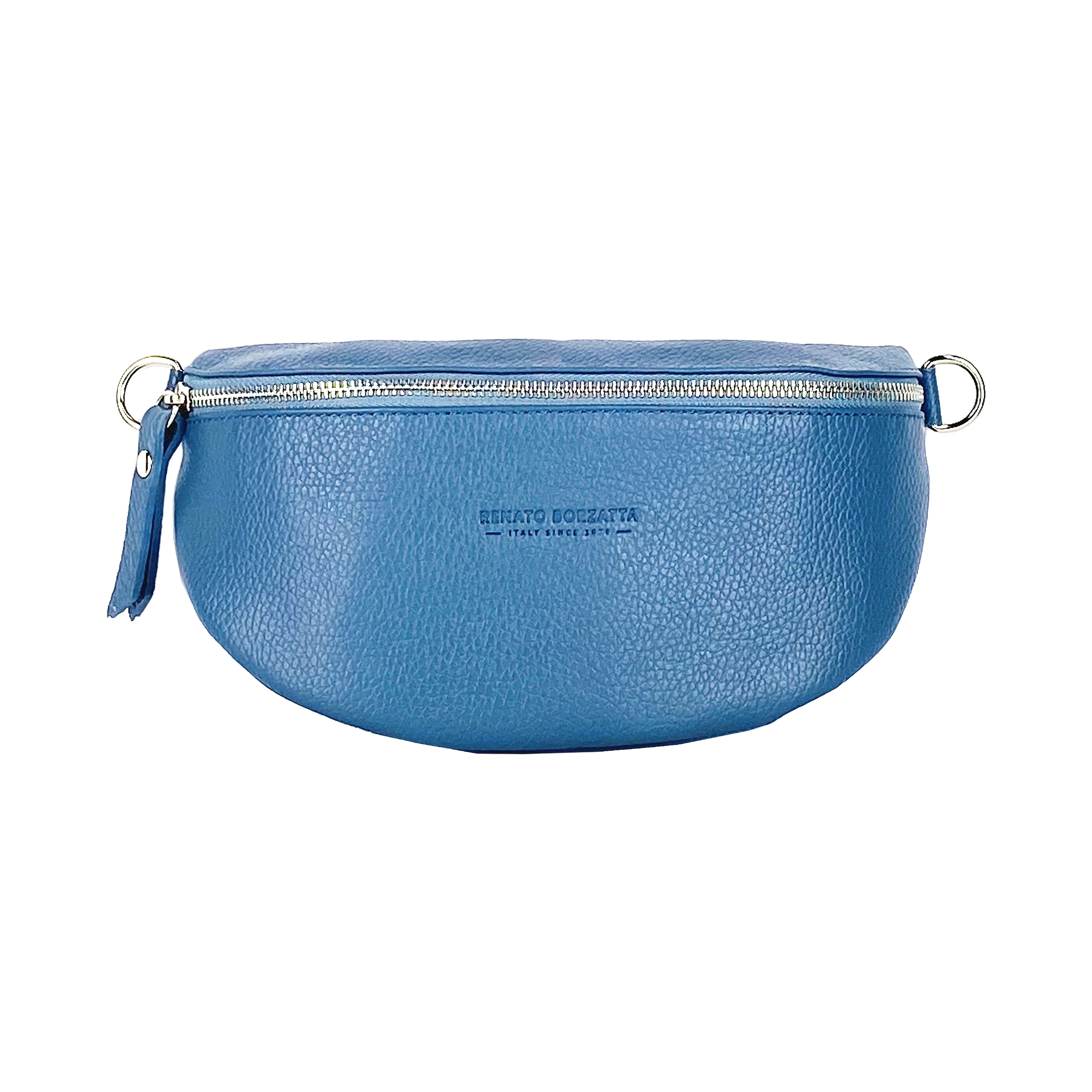 RB1015P | Waist bag with removable shoulder strap in Genuine Leather Made in Italy. Attachments with shiny nickel metal snap hooks - Avio color - Dimensions: 24 x 14 x 7-1