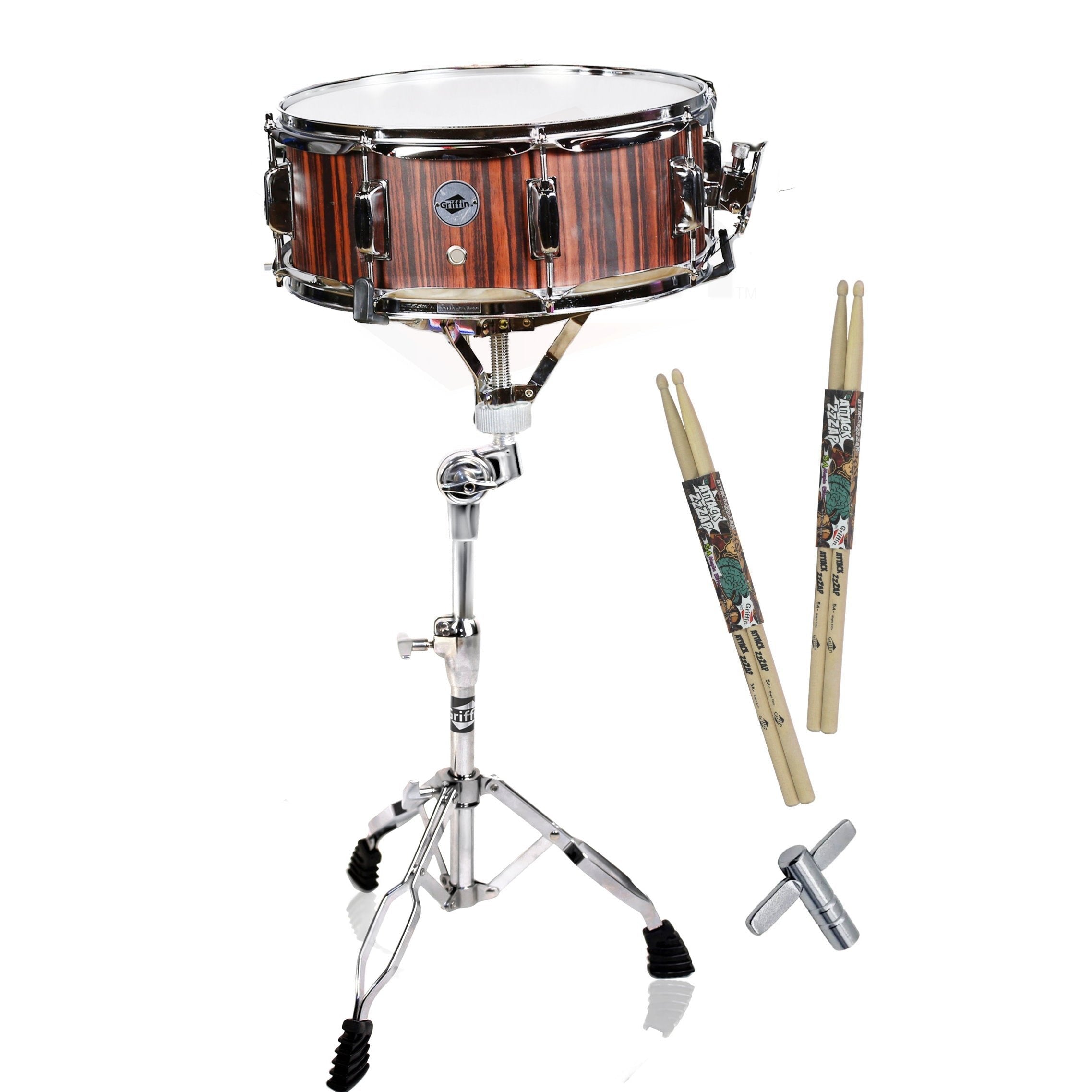 Snare Drum Set  - Includes Snare Stand, 2 Pairs of Maple Drum Sticks & Drum Key | Wood Shell Drum Set, Chrome Holder Acoustic Marching Percussion Musical Instrument Practice Package