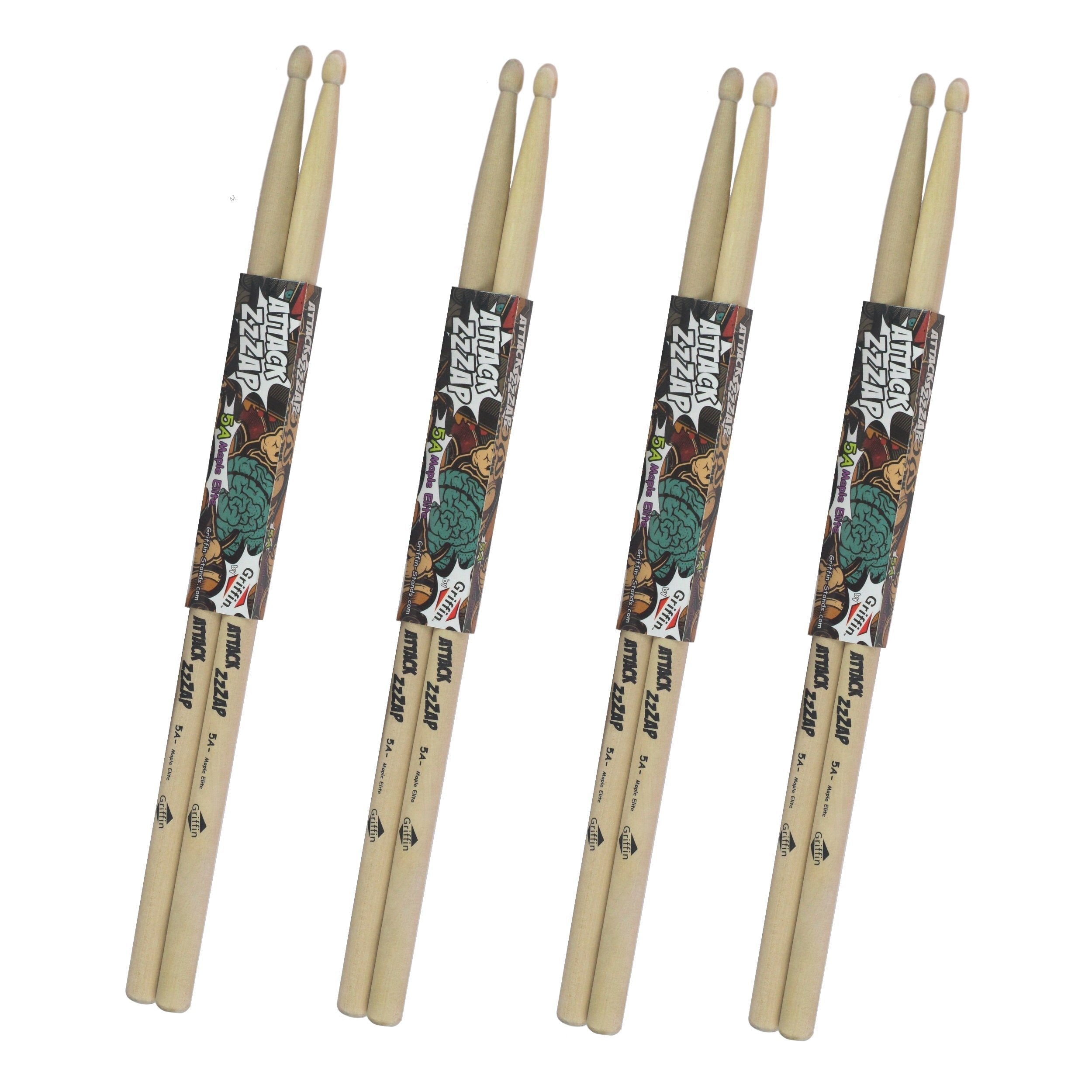 GRIFFIN Attack Zzzap Drum Sticks - 4 Pairs of Select Elite Maple Wood Size 5A - Premium Balanced, Level and Straight - Drummers Percussion Classic Pure Grit Uncoated, Raw Wood Drumming Sticks