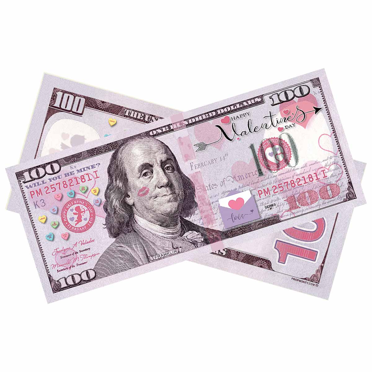 $100 Happy Valentine's Day Bills by Prop Money Inc