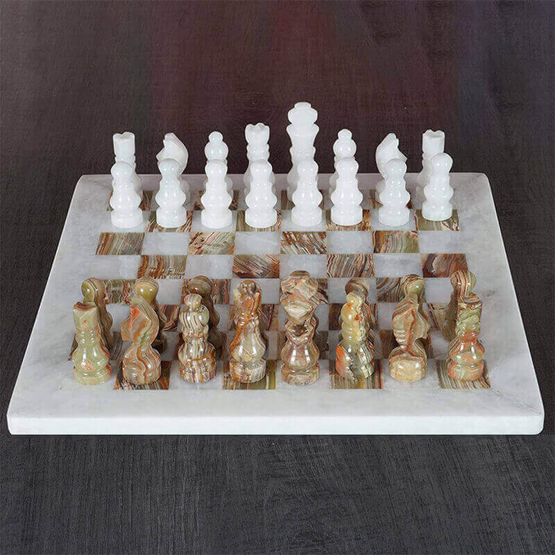 White and Green Onyx 12 Inches High Quality Marble Chess Set-0