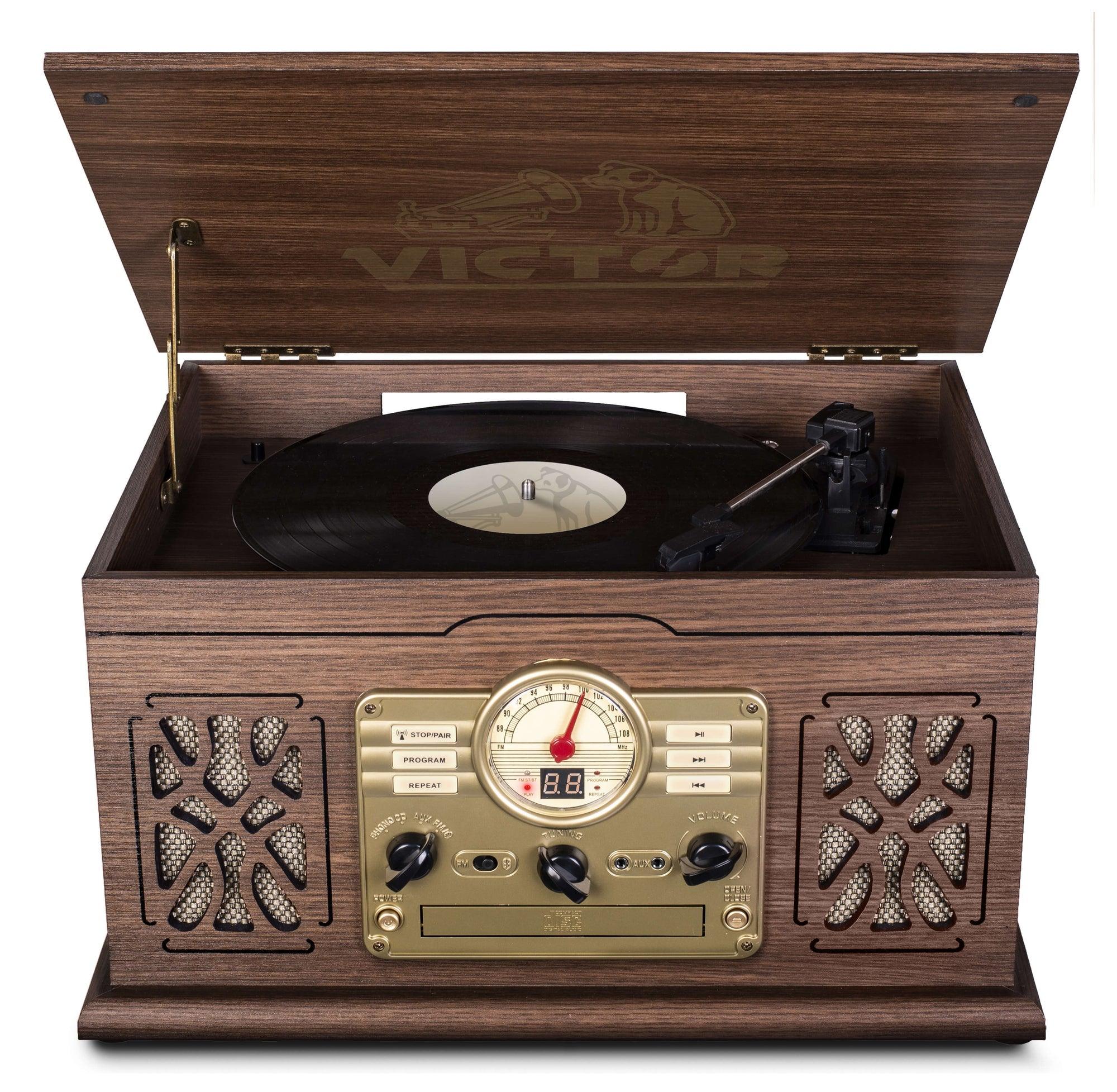 State 7-in-1 Wood Music Center with 3-Speed Turntable & Dual Bluetooth