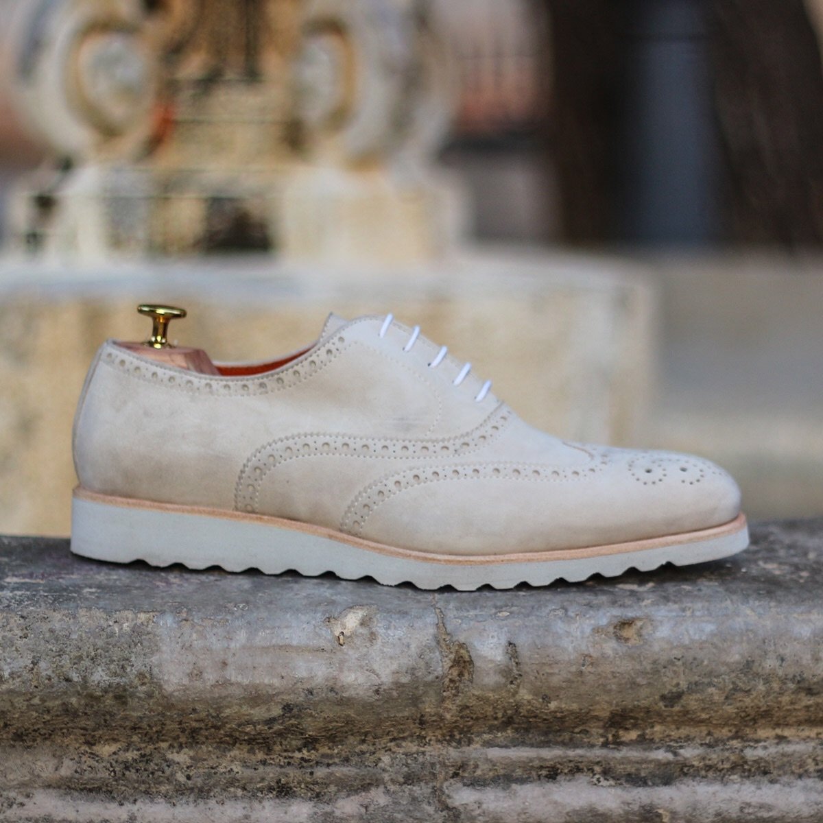 Unique Handcrafted  Ivory Kid Suede Full Brogue w/ Wedge Sole by Le Ruux
