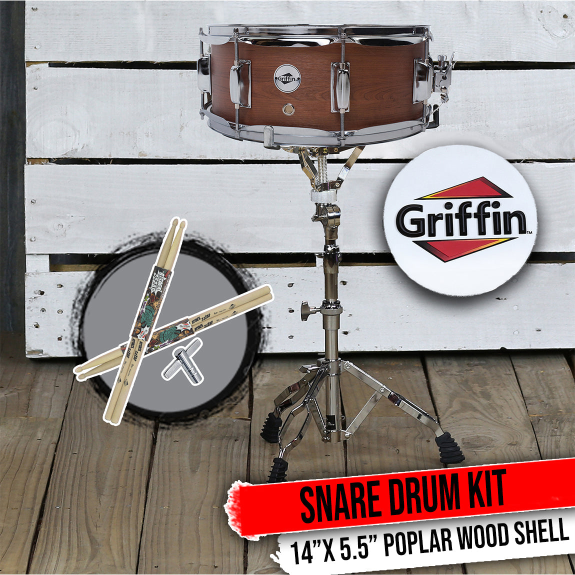Snare Drum Package with Snare Stand, 2 Pairs of Drum Sticks & Drum Key | Snare Kit with Poplar Wood Shell 14" x 5.5" with Flat Hickory PVC | 8 Metal Tuning Lugs & Snare Strainer Throw Off