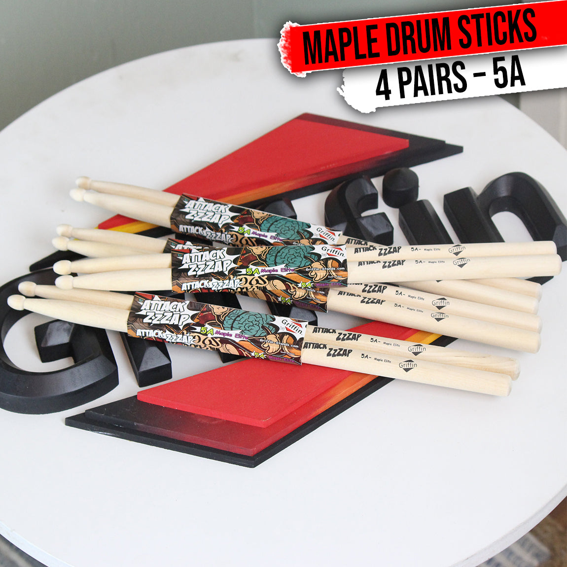 GRIFFIN Attack Zzzap Drum Sticks - 4 Pairs of Select Elite Maple Wood Size 5A - Premium Balanced, Level and Straight - Drummers Percussion Classic Pure Grit Uncoated, Raw Wood Drumming Sticks