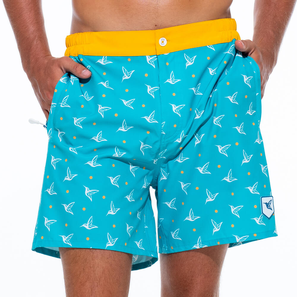 Mens Luxury Swim Trunks | Kolibri Monogram in Aquamarine by Live Kolibri
